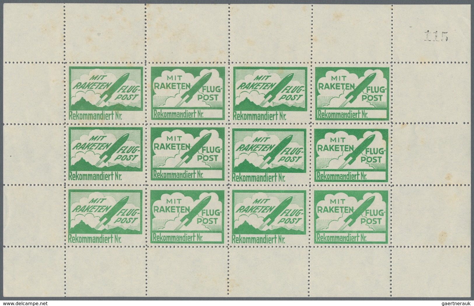Raketenpost: 1932 Austria - F. Schmiedl: Complete Sheet Of 12 Of The Green Vignette "Mit Raketen Flu - Otros & Sin Clasificación