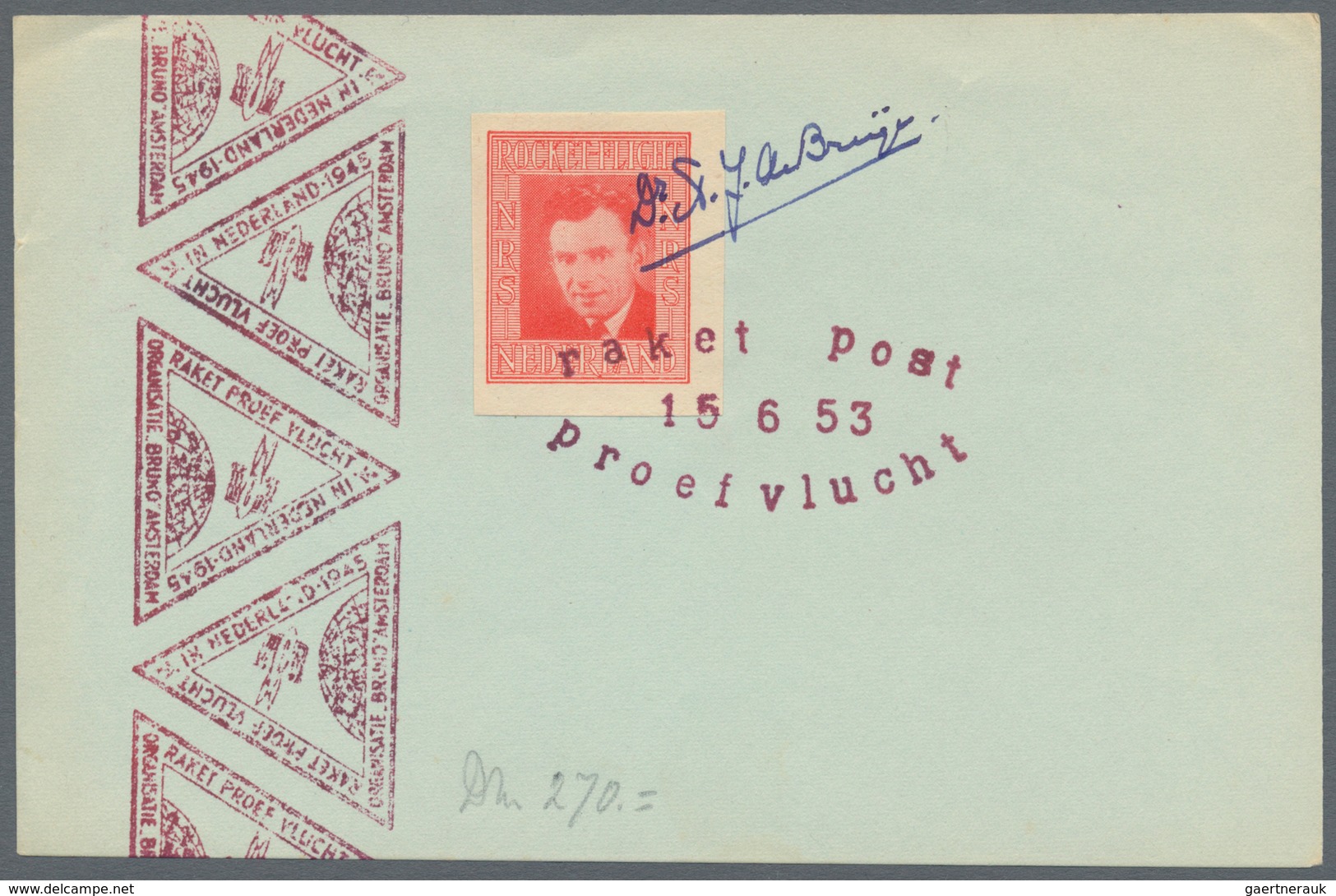 Raketenpost: 1953 (15. June) Netherlands - DeBruijn: Card Flown By Rocket Proof Flight At 15th June - Otros & Sin Clasificación