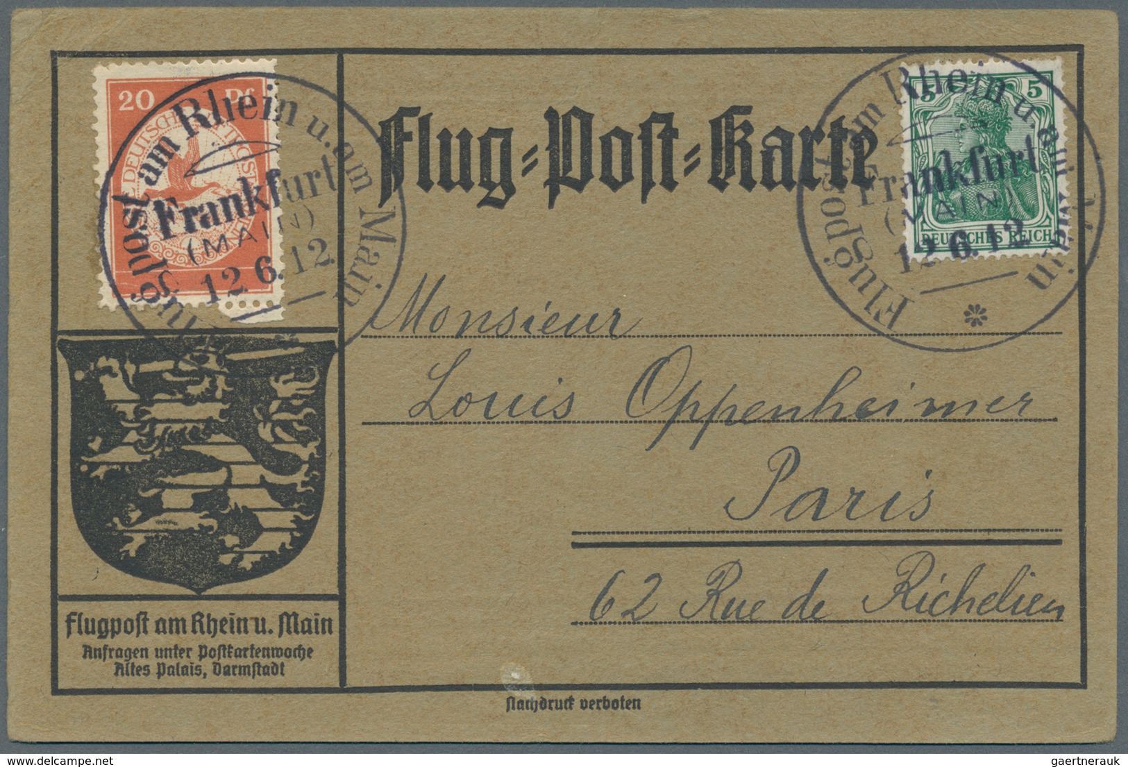 Zeppelinpost Deutschland: 1912, Flugpost Rhein-Main, Karte Mit 20 Pfg. Und 5 Pfg. Germania "Frankfur - Correo Aéreo & Zeppelin
