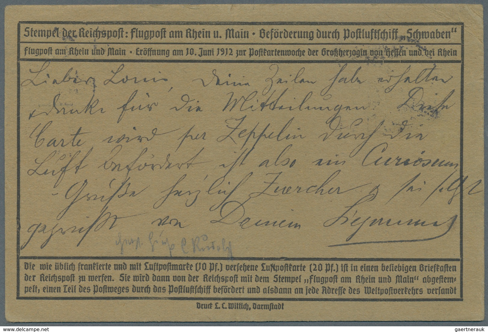 Zeppelinpost Deutschland: 1912, Flugpost Rhein-Main, Karte Mit 20 Pfg. Und 5 Pfg. Germania "Frankfur - Correo Aéreo & Zeppelin