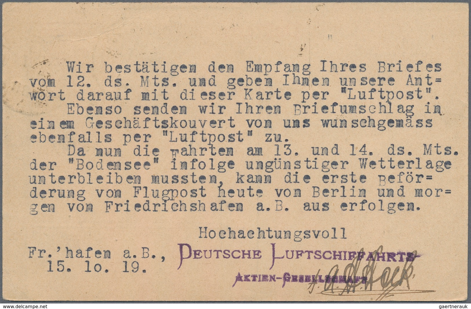 Zeppelinpost Deutschland: 1919, LZ 120/BODENSEE, DELAG-Frankfurt 13.-15.10. Fahrtauskunftkarte Mit P - Correo Aéreo & Zeppelin