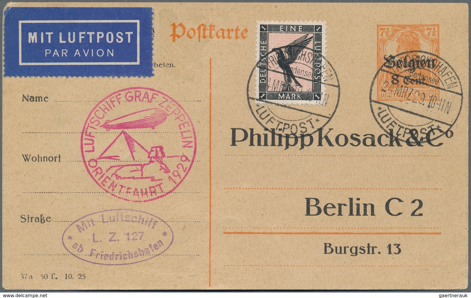 Zeppelinpost Deutschland: 1929, Orientfahrt, Als Formular Verwendete Ganzsachenkarte Dt.Bes. Belgien - Correo Aéreo & Zeppelin