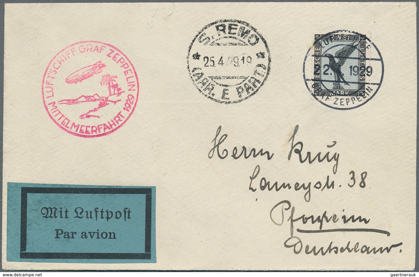 Zeppelinpost Deutschland: 1929, Mittelmeerfahrt, Brief Mit 2 RM Flugpost Entwertet Mit Bordpoststemp - Luchtpost & Zeppelin