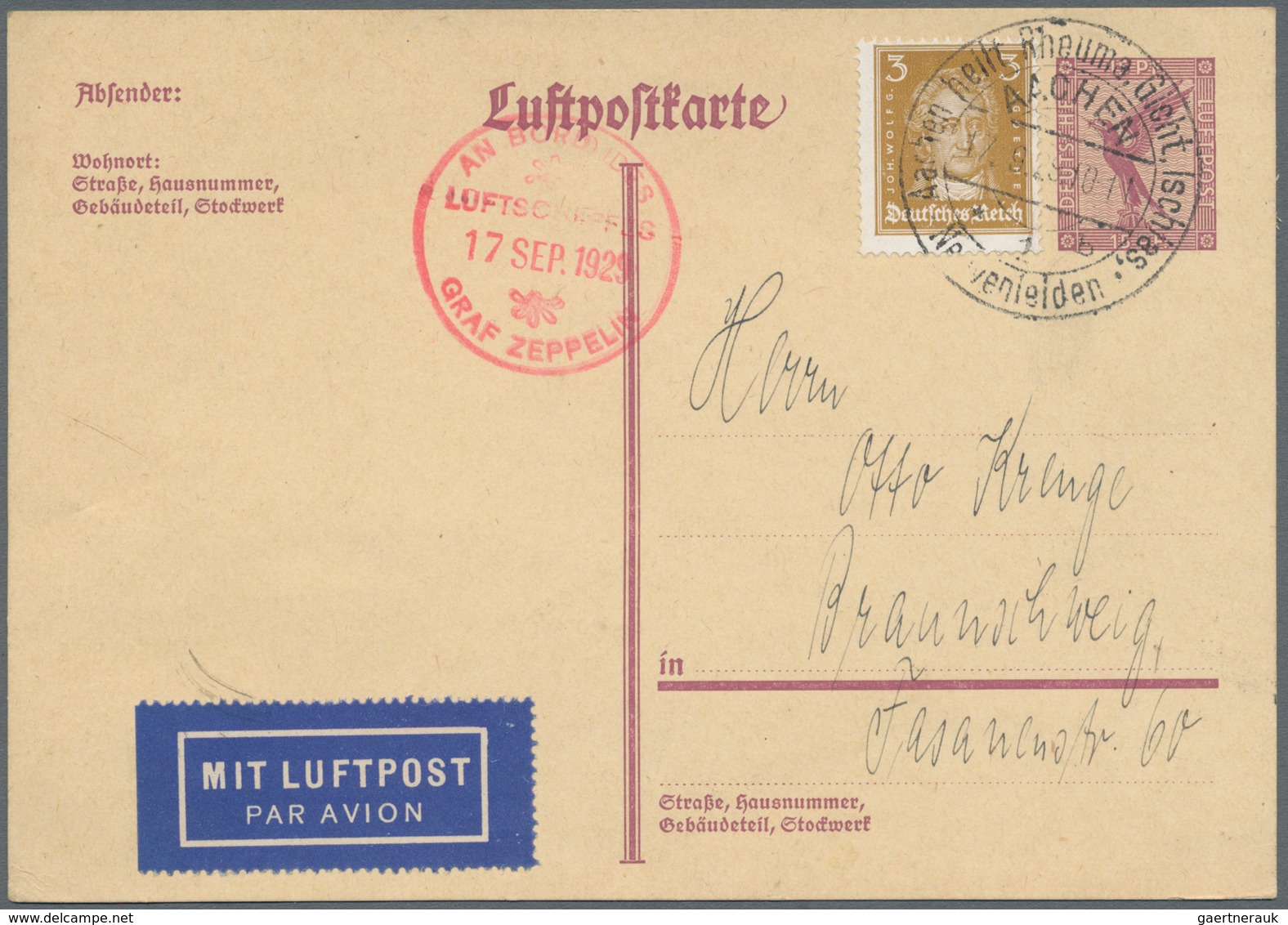 Zeppelinpost Deutschland: 1929, Upfranked German Luftpost Ganzsache / Airmail Postal Stationery Card - Luchtpost & Zeppelin