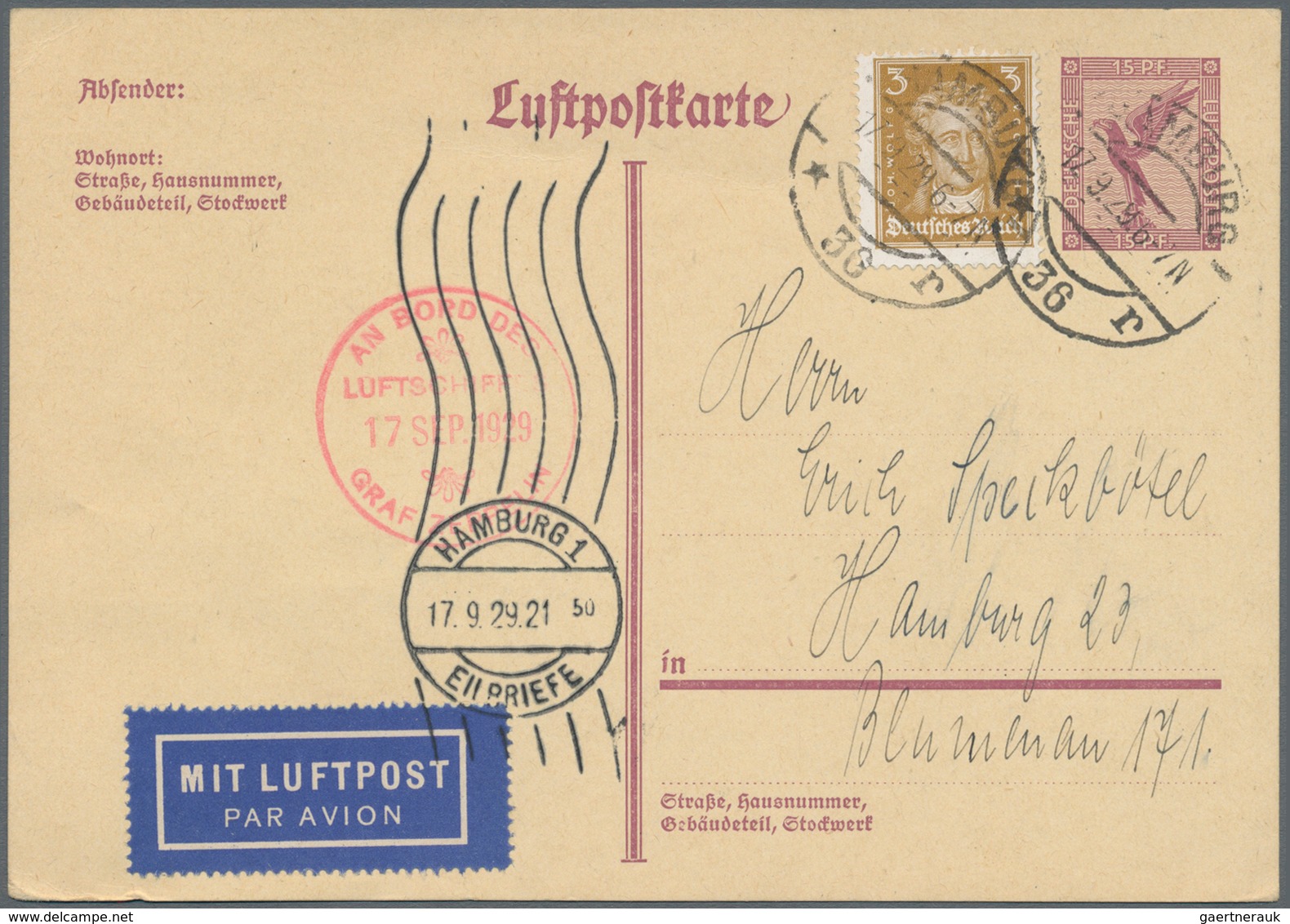 Zeppelinpost Deutschland: 1929. German Upfranked Luftpost Ganzsache / Airmail Postal Stationery Card - Correo Aéreo & Zeppelin