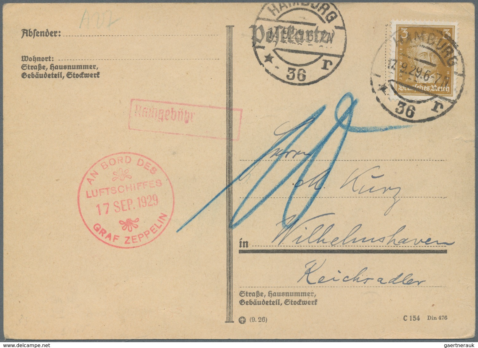 Zeppelinpost Deutschland: 1929. German Postcard Flown On The Graf Zeppelin LZ127 Airship's 1929 Deut - Correo Aéreo & Zeppelin