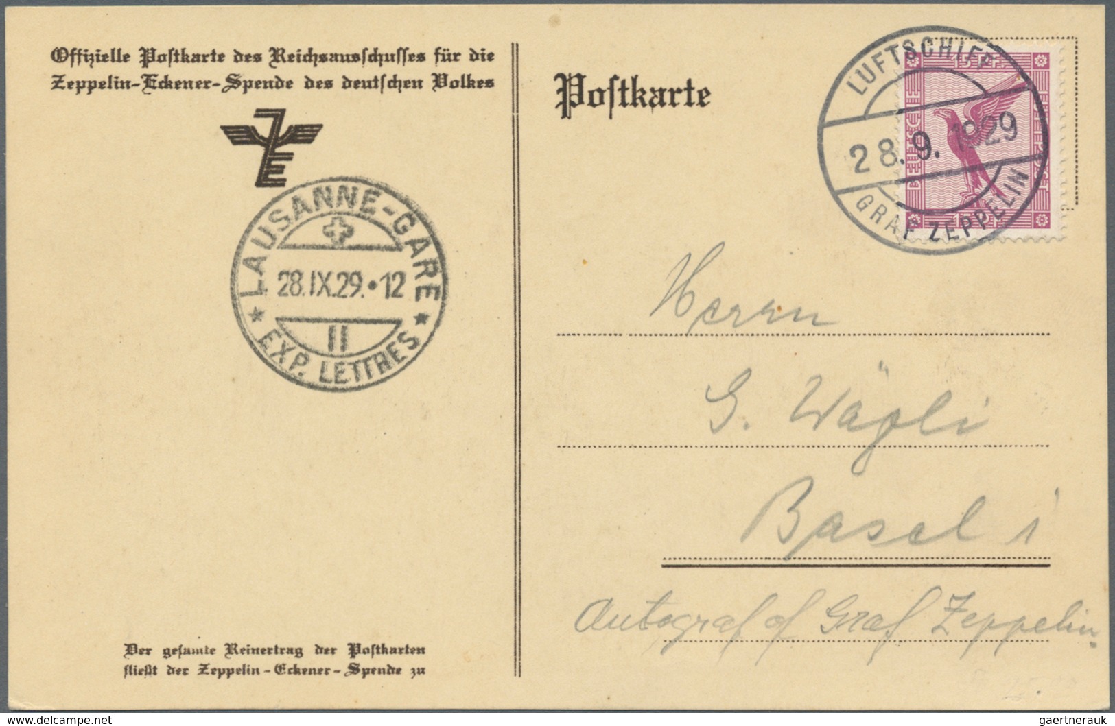 Zeppelinpost Deutschland: 1929, 3. Schweizfahrt Mit Abwurf Lausanne, Zeppelin-Eckener-Spendenkarte M - Correo Aéreo & Zeppelin