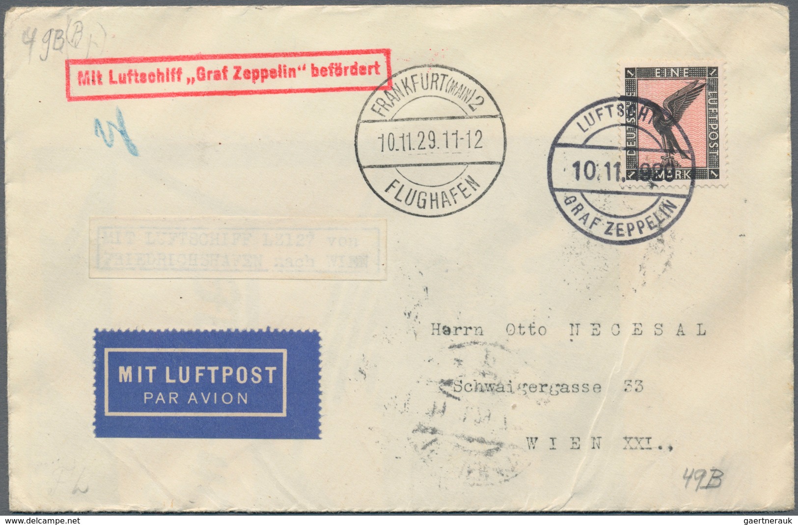 Zeppelinpost Deutschland: 1929. German Graf Zeppelin Flown Airmail Cover To Austria Expedited Throug - Luchtpost & Zeppelin