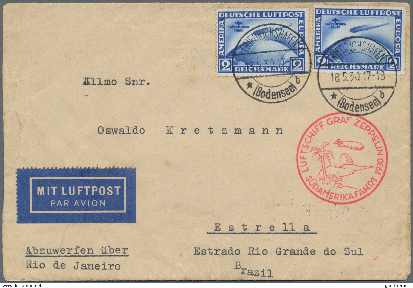 Zeppelinpost Deutschland: 1930. Cover On The Graf Zeppelin LZ127 Airship's 1. Südamerikafahrt (SAF) - Airmail & Zeppelin