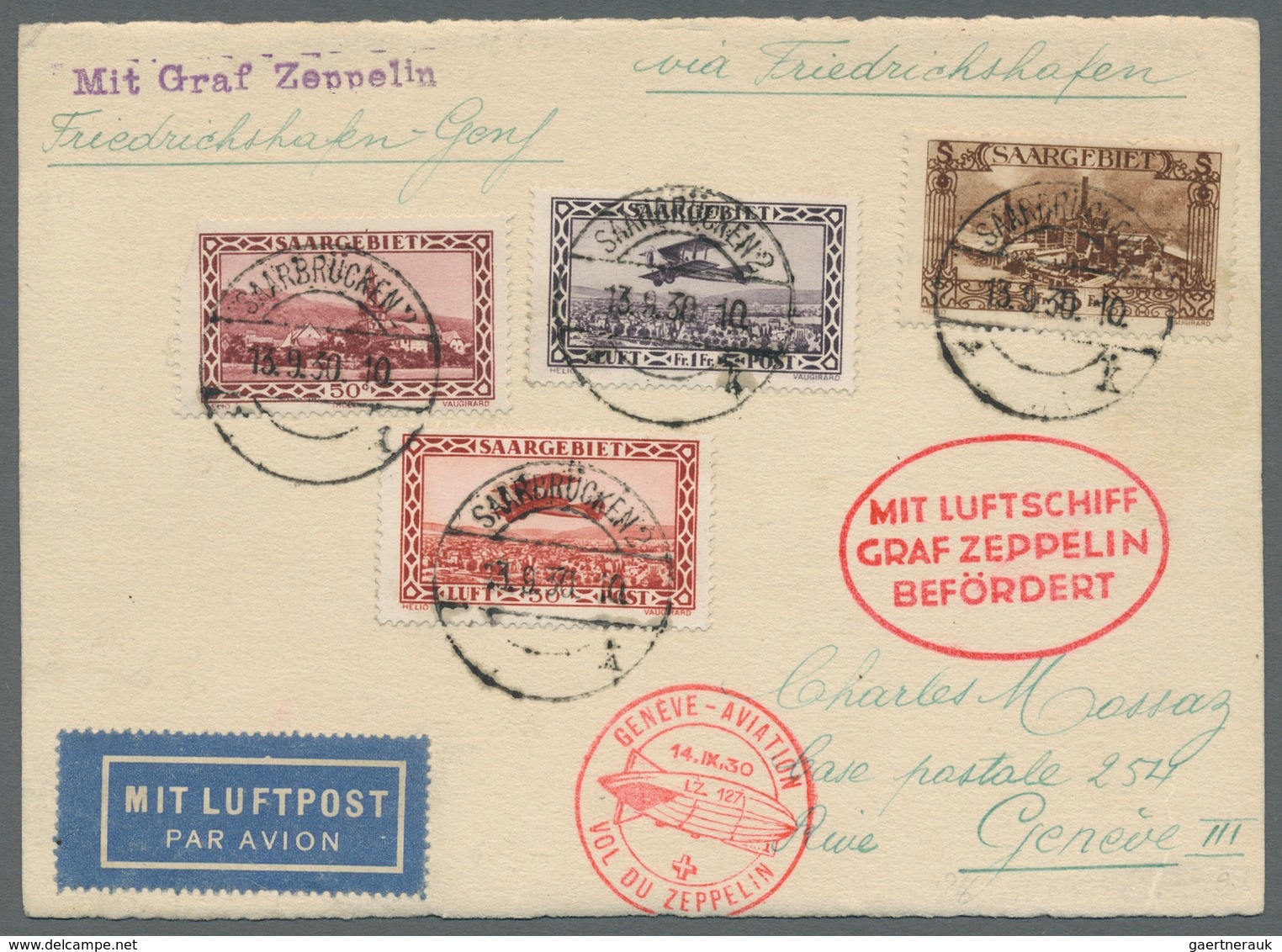 Zeppelinpost Deutschland: 1930 - Zuleitung Saar Zur Landungsfahrt Nach Genf, Portorichtig Frankierte - Airmail & Zeppelin