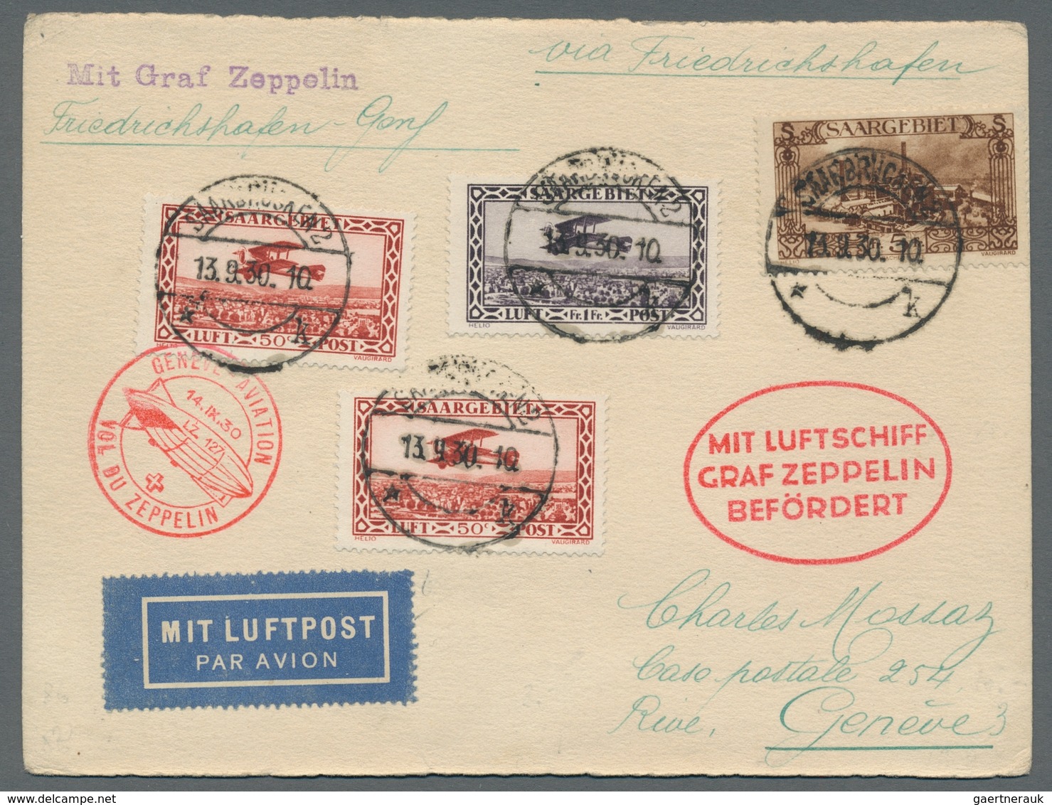 Zeppelinpost Deutschland: 1930 - Zuleitung Saar Zur Landungsfahrt Nach Genf, Portorichtig Frankierte - Airmail & Zeppelin