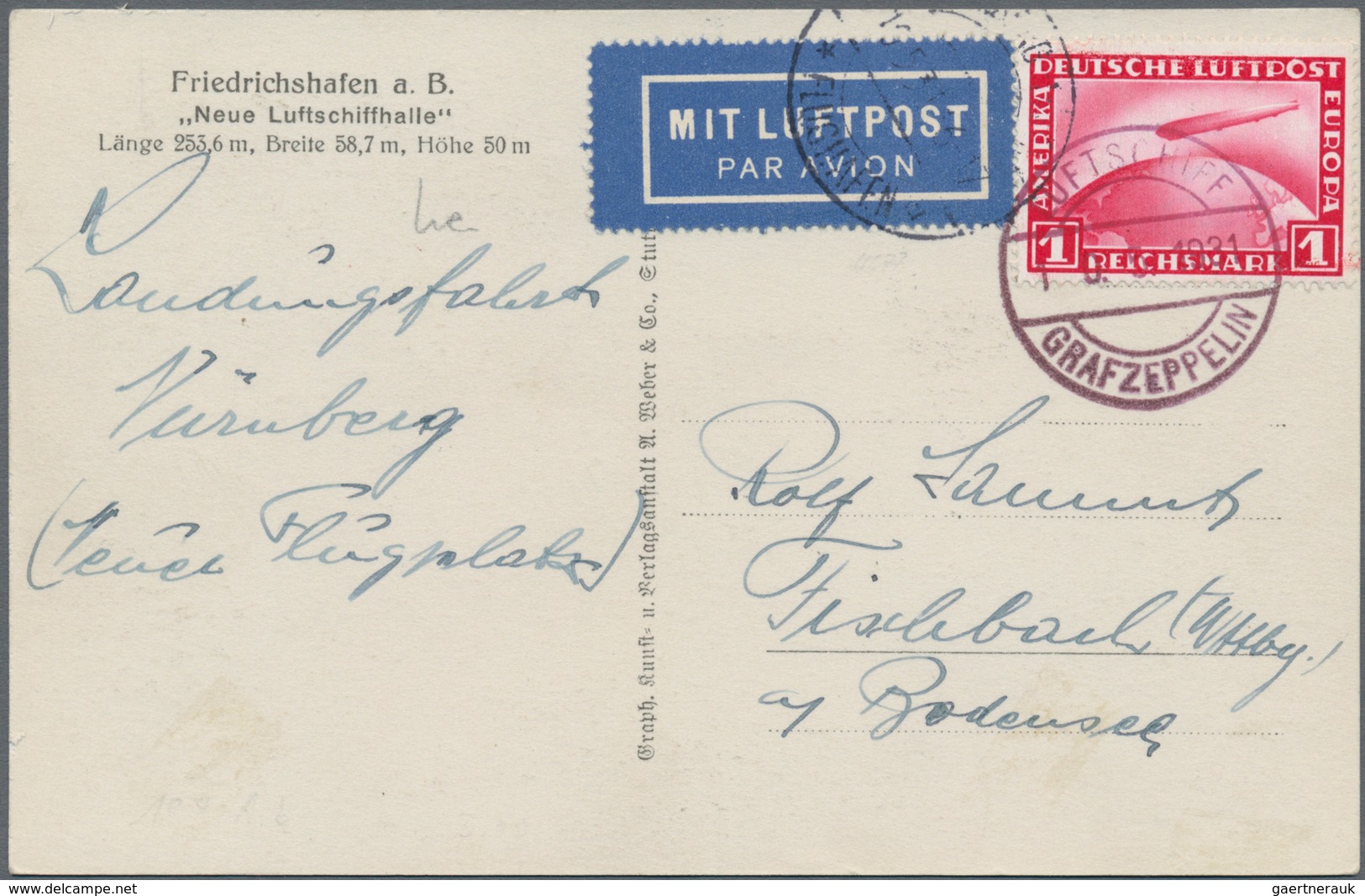 Zeppelinpost Deutschland: 1931 Rare Nuernberg-Friedrichshafen Leg Bordpost Franked With 1RM Zeppelin - Airmail & Zeppelin