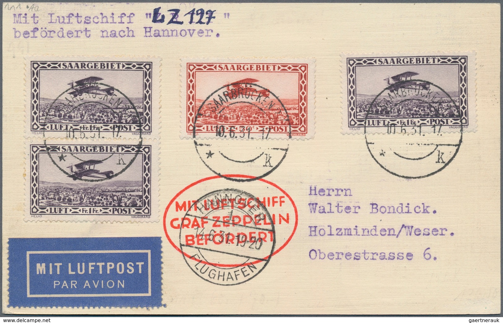 Zeppelinpost Deutschland: 1931, SAAR/HANNOVER-FAHRT: Mit 8 Flugmarken Beidseitig Frankierte Vertrags - Airmail & Zeppelin