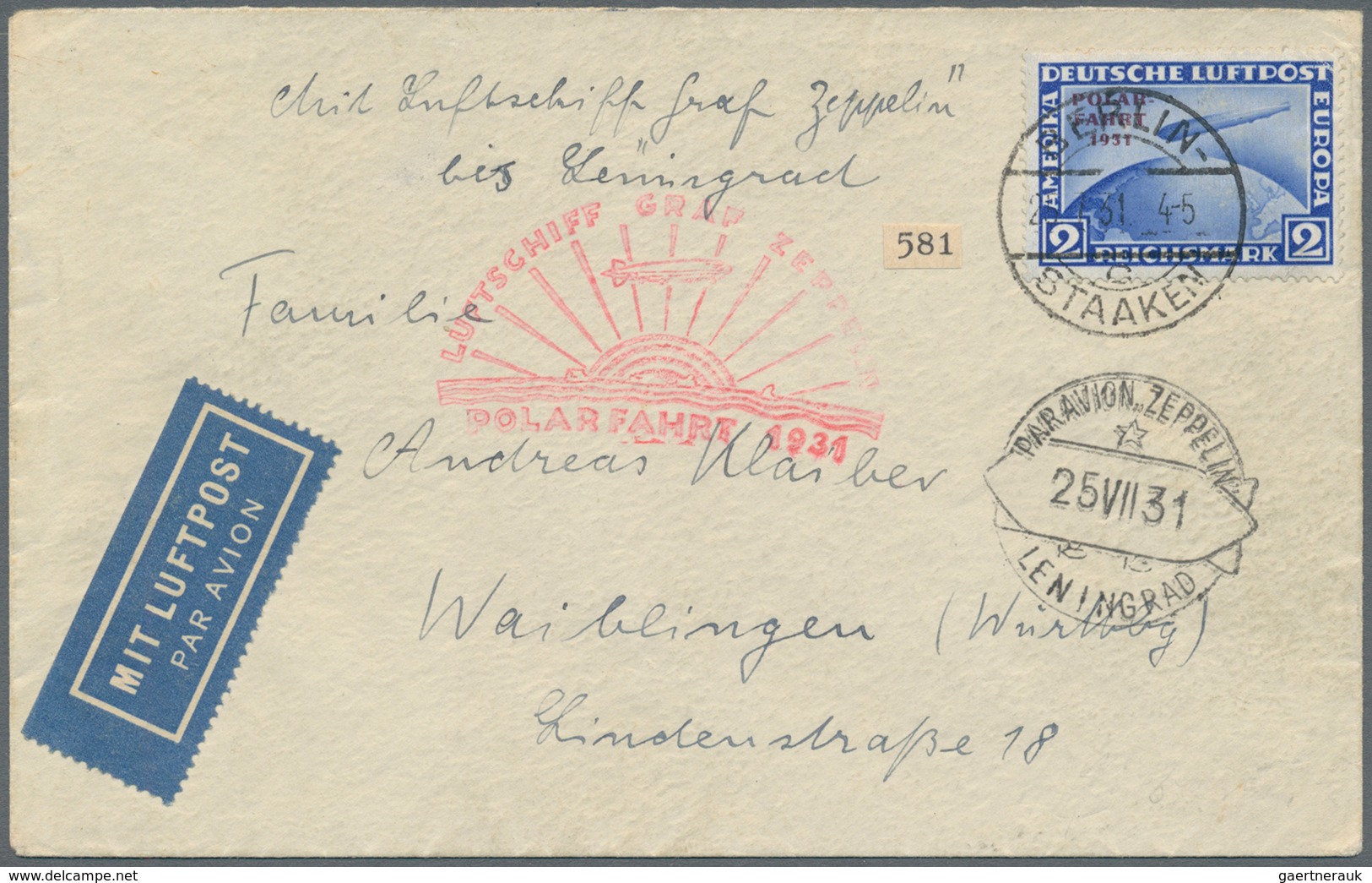 Zeppelinpost Deutschland: 1931. German Cover Flown On The Graf Zeppelin LZ127 Airship's 1931 Polarfa - Airmail & Zeppelin