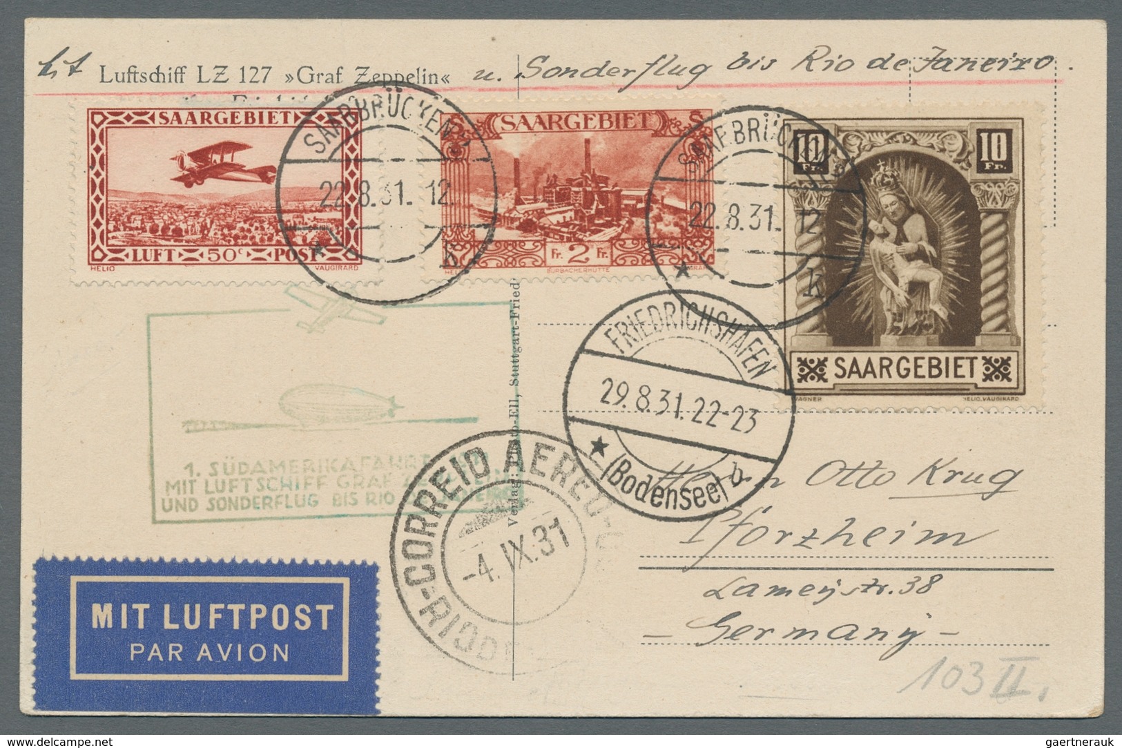 Zeppelinpost Deutschland: 1931 - Zuleitung Saar Zur 1. SAF, Portorichtig Frankierte Karte (u.a. Mi. - Airmail & Zeppelin
