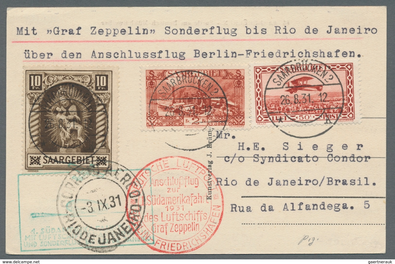 Zeppelinpost Deutschland: 1931 - Zuleitung Saar 1. SAF, Portorichtig Frankierte Karte Des Anschlussf - Airmail & Zeppelin