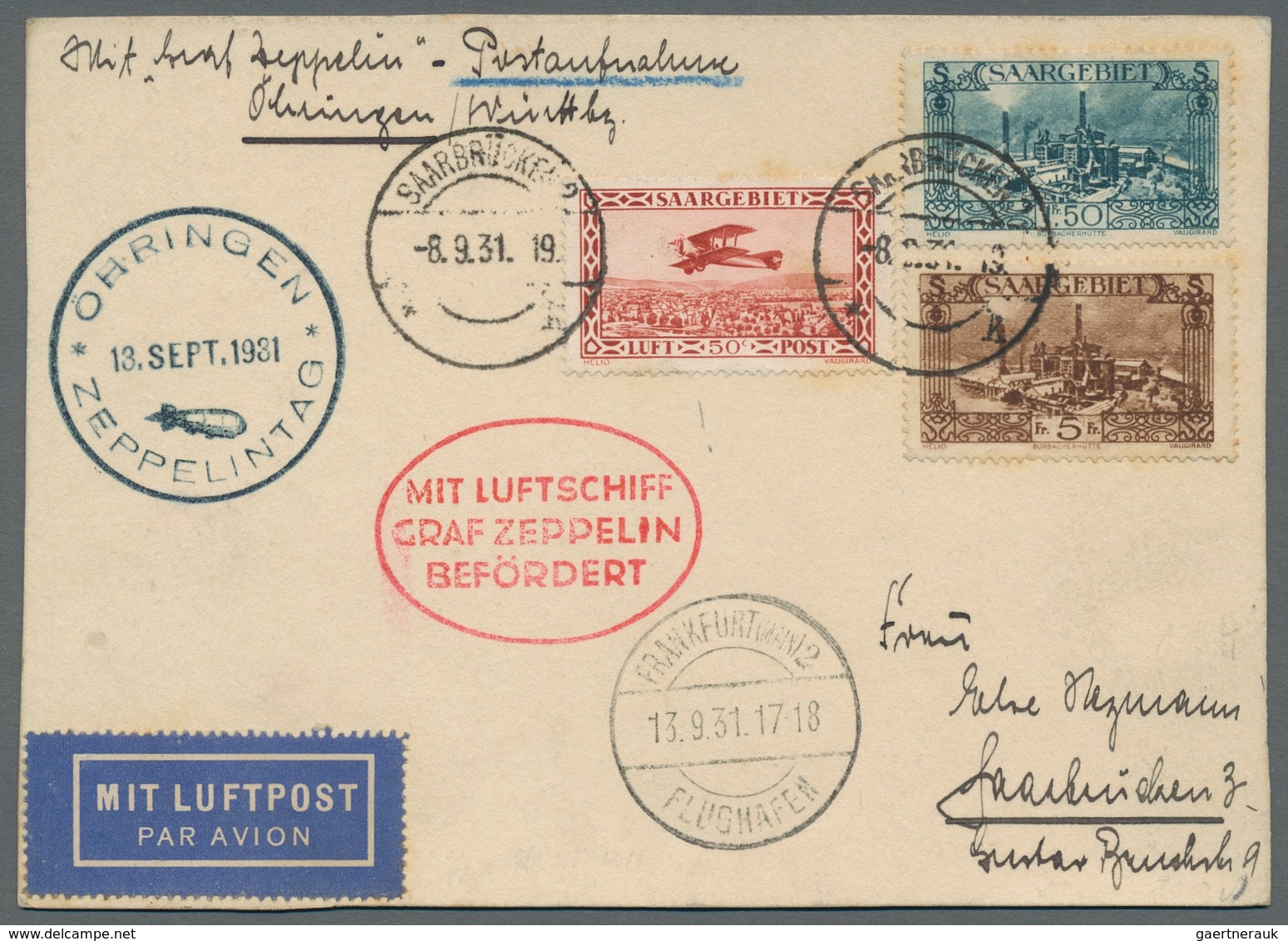 Zeppelinpost Deutschland: 1931 - Zuleitung Saar Zur Fahrt Öhringen-Frankfurt, Portorichtig Frankiert - Airmail & Zeppelin