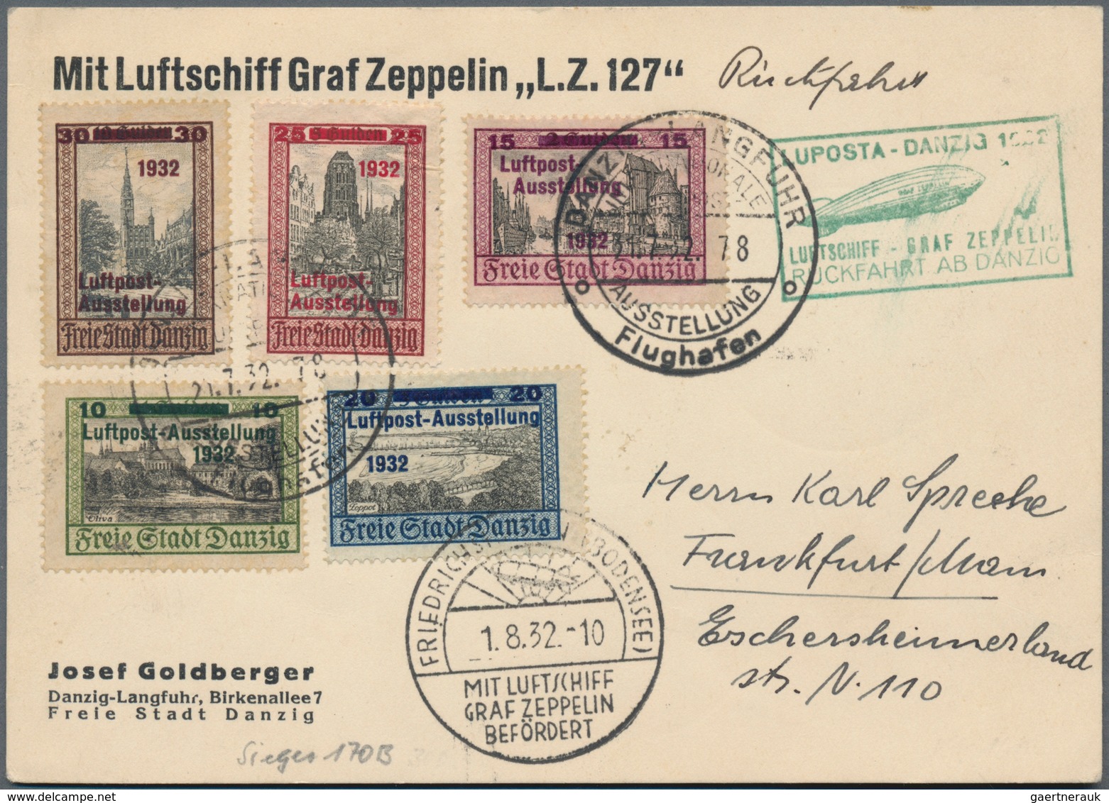 Zeppelinpost Deutschland: 1932. Original Airmail Card Flown On The Graf Zeppelin's Flight From The D - Airmail & Zeppelin