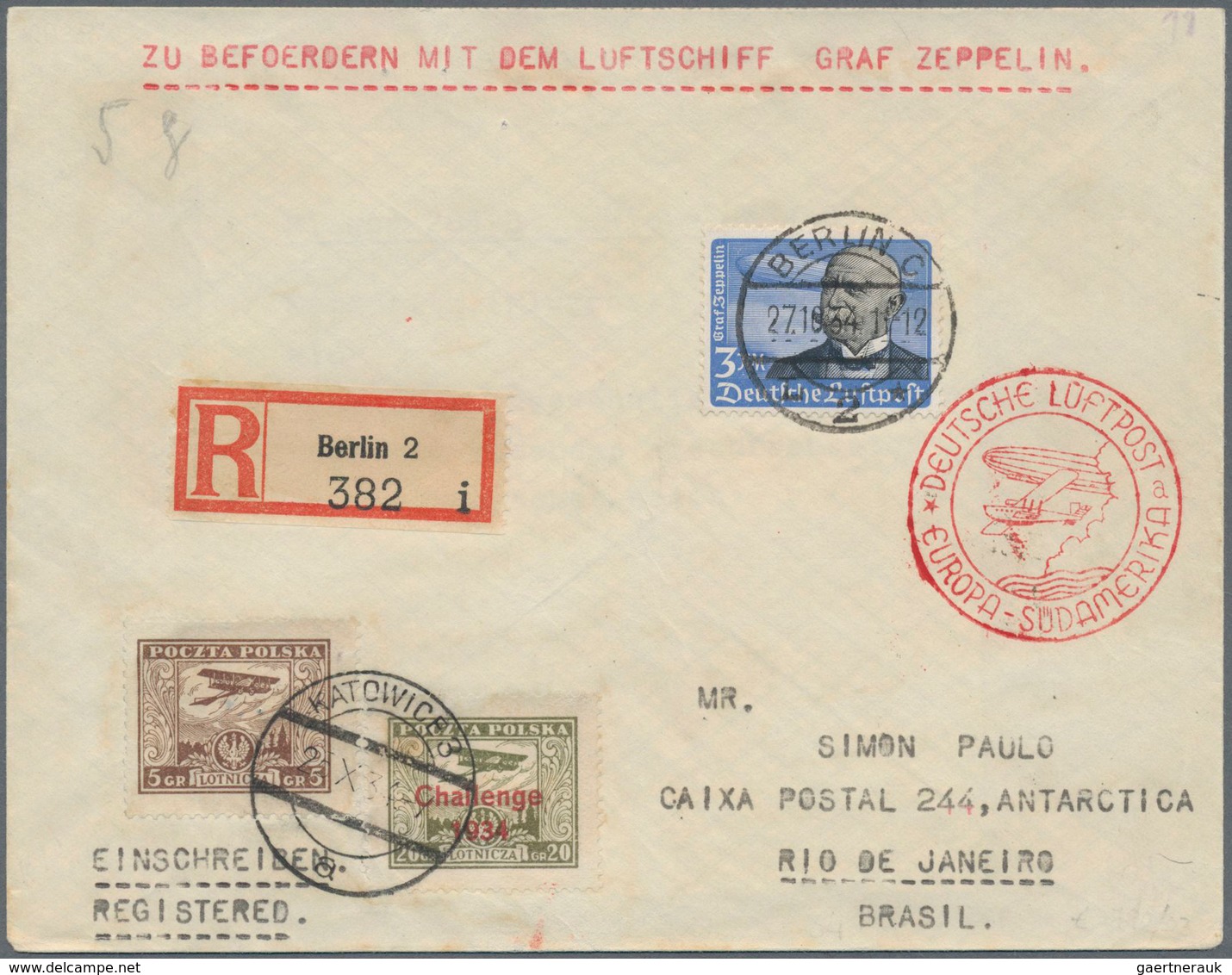 Zeppelinpost Deutschland: 1934, 11. Südamerikafahrt, Brief Ab Kattowitz 25.10. Mit 5 Und 20 Gr. In M - Airmail & Zeppelin