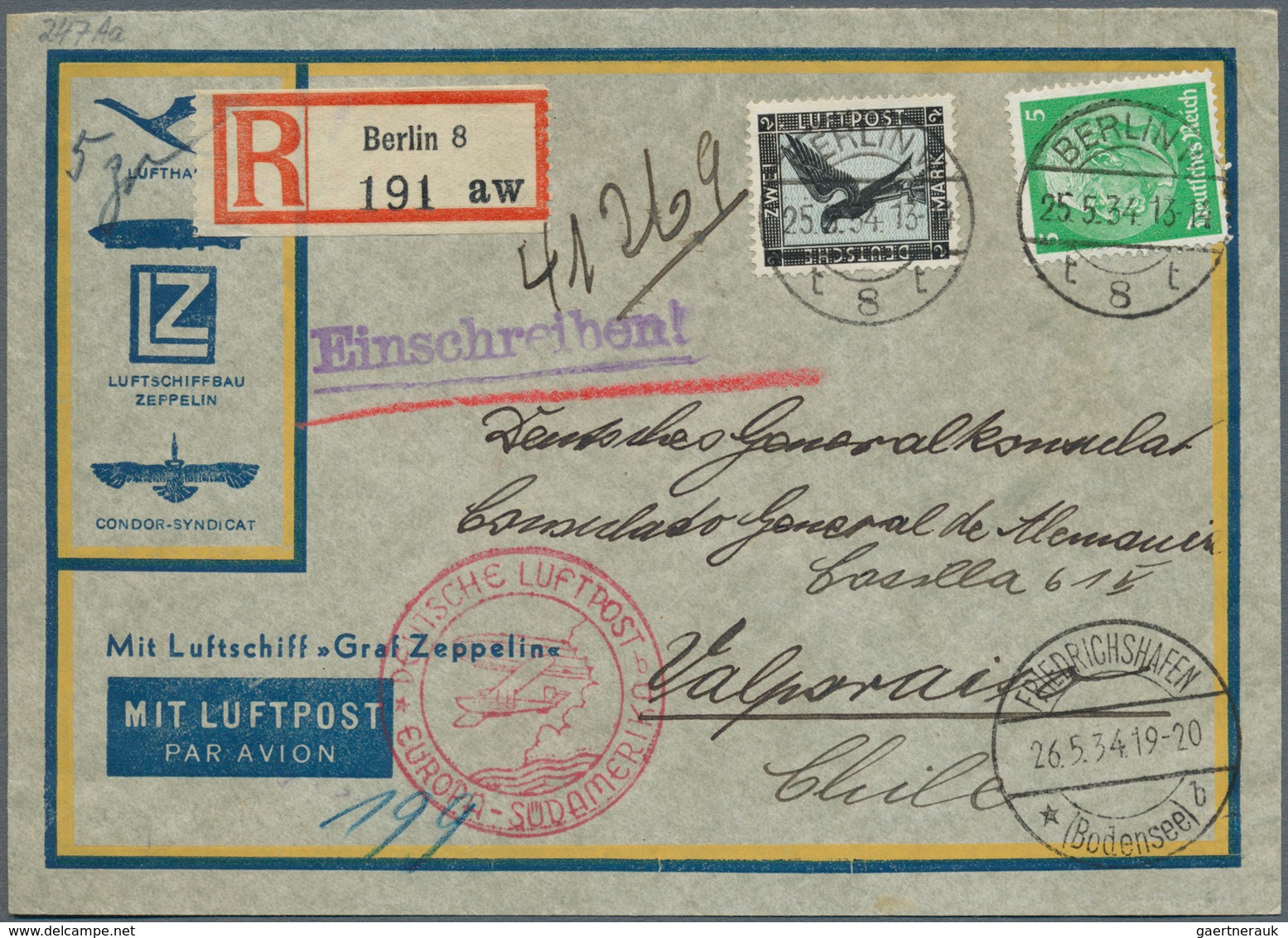 Zeppelinpost Deutschland: 1934, 1. SÜDMAERIKAFAHRT, Konsulatsbrief Mit R-Zettel Berlin 8 Aw (Auswärt - Airmail & Zeppelin