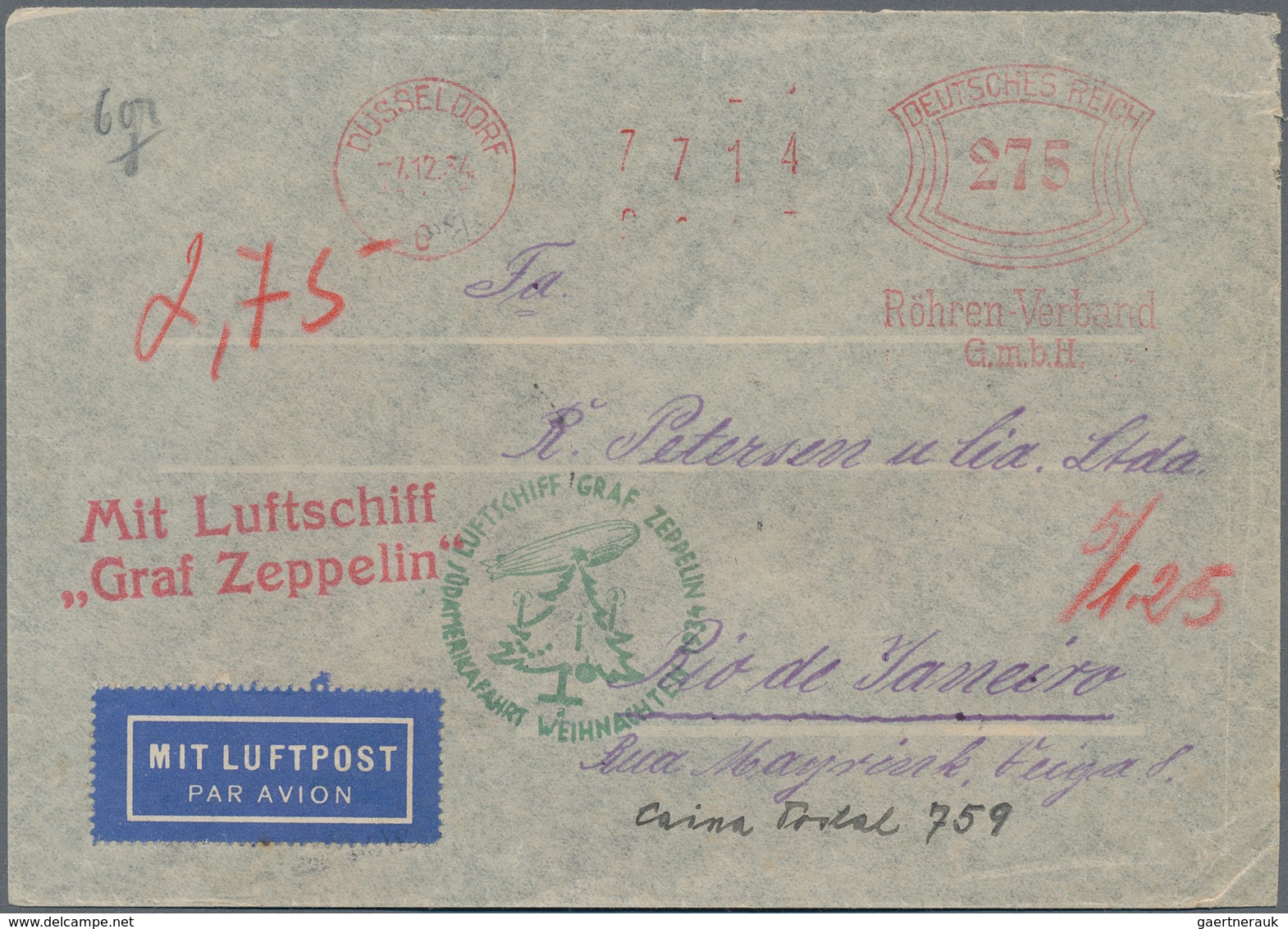 Zeppelinpost Deutschland: 1934, Christmas Trip, 12th South America Trip, Company Letter From Düsseld - Airmail & Zeppelin