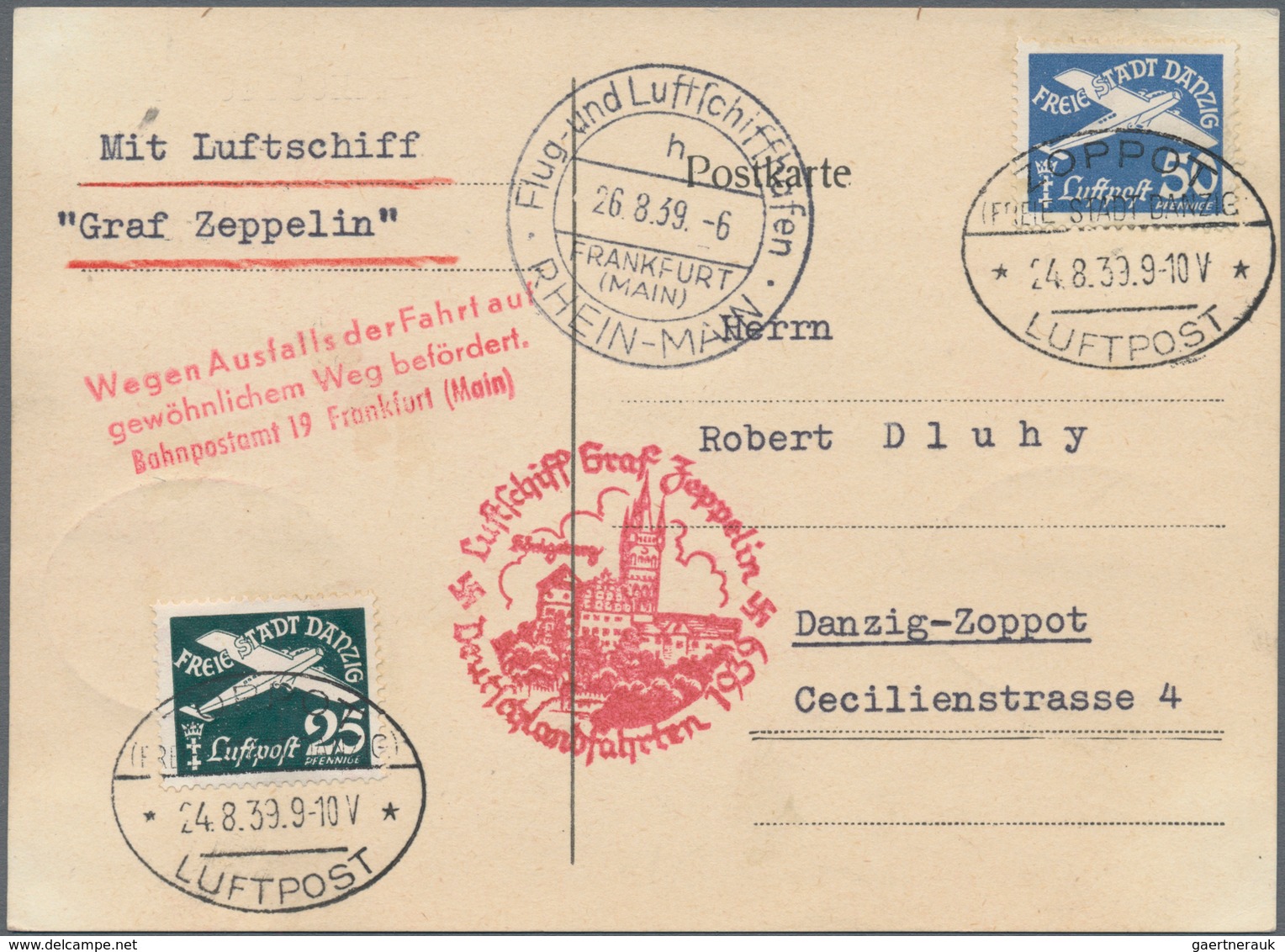 Zeppelinpost Deutschland: 1939. Original Danzig Postcard Franked With Airmails And Scientist Series, - Airmail & Zeppelin