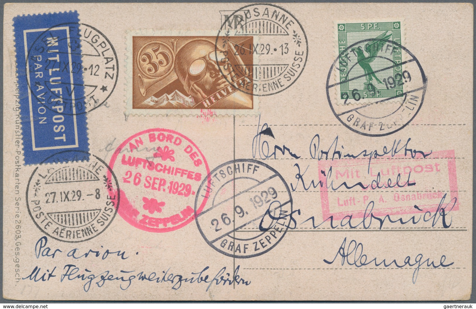 Zeppelinpost Europa: 1929. Postcard Flown On The Graf Zeppelin LZ127 Airship's 1929 Schweizfahrt / S - Autres - Europe