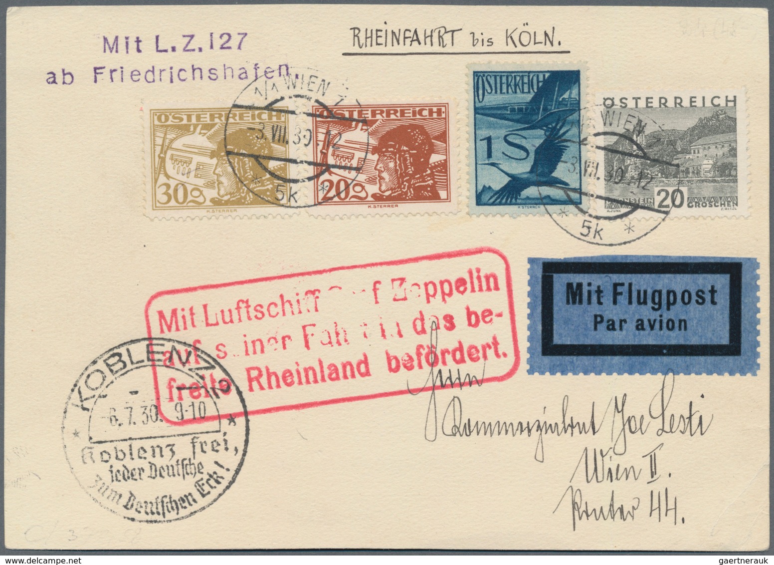 Zeppelinpost Europa: 1930. Original Austrian Card Flown On The Graf Zeppelin's 1930 Befreite Rheinfa - Europe (Other)