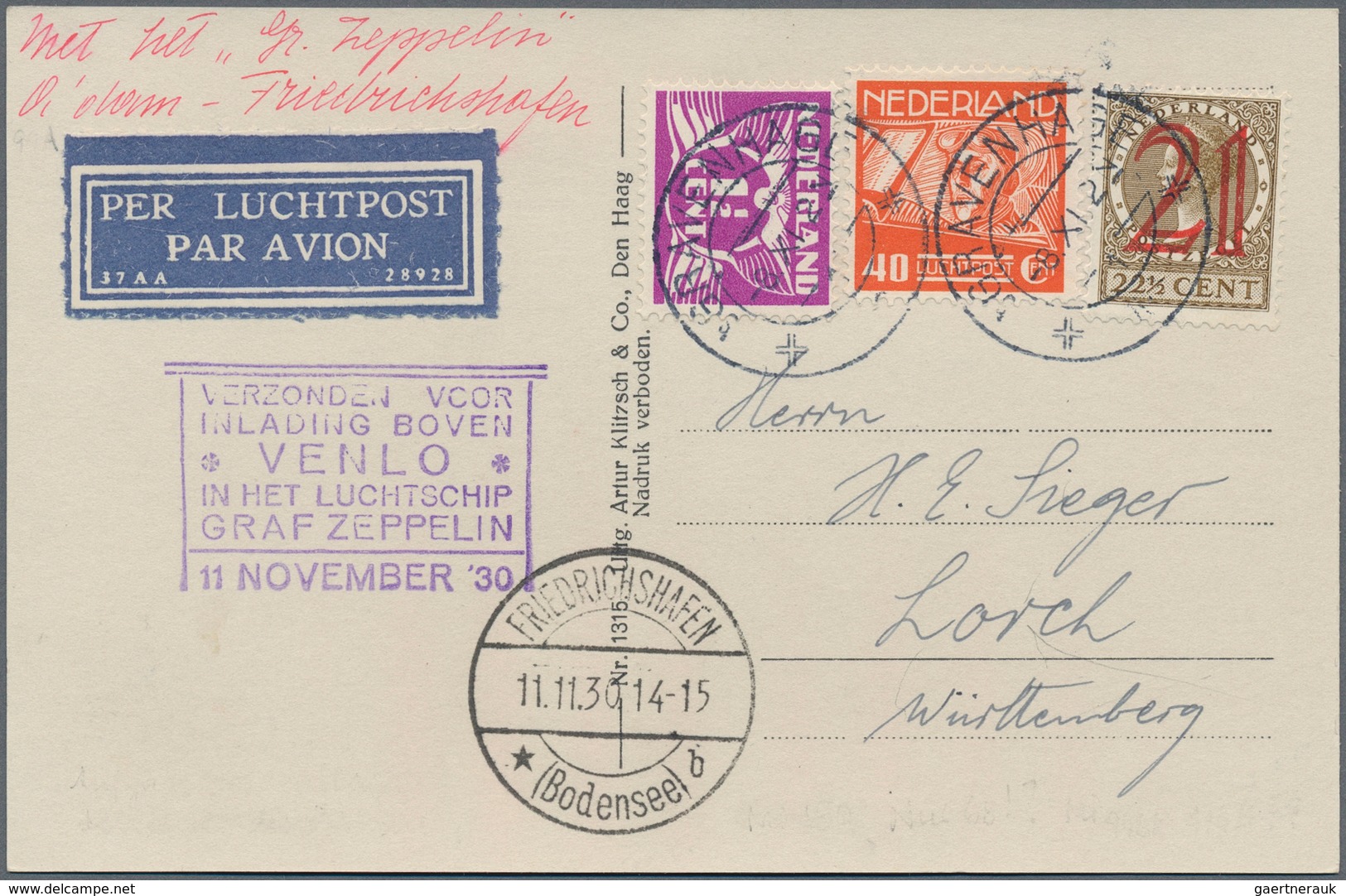 Zeppelinpost Europa: 1930, NIEDERLANDE/VENLO-FHFN-RÜCKFAHRT: Briefbeutel-Deckblatt Für 103 Sendungen - Europe (Other)