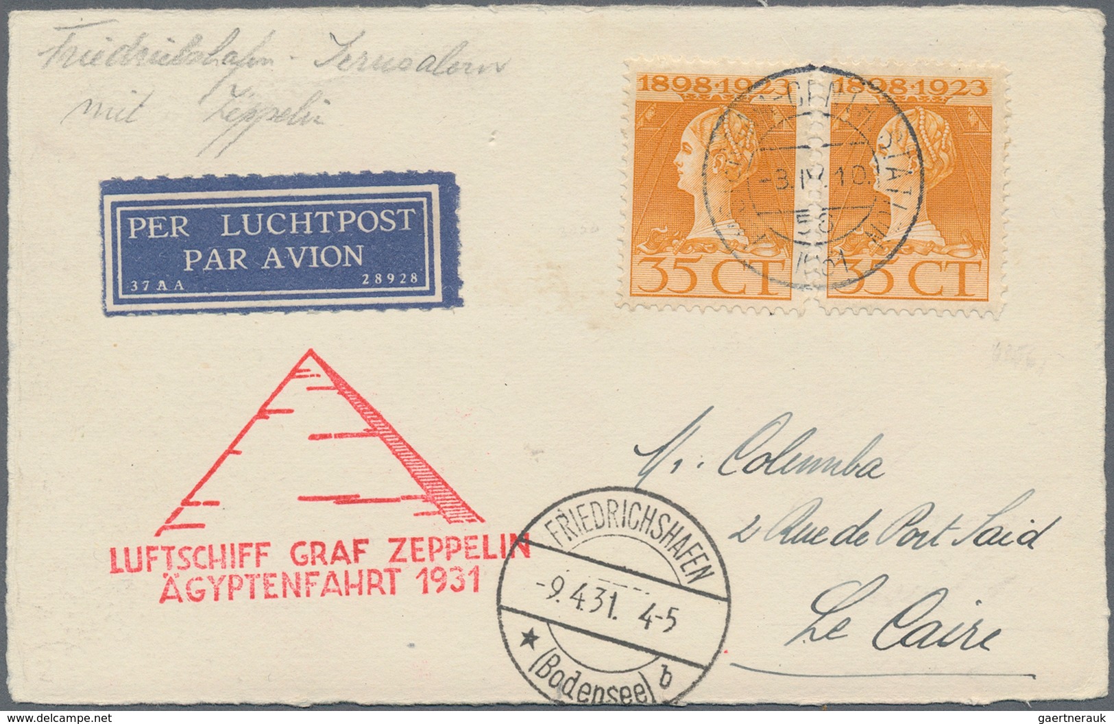 Zeppelinpost Europa: 1931, NIEDERLANDE/ÄGYPTENFAHRT: Reizvolle Karte Mit 2x Mi. 129 Und Attest Siege - Altri - Europa