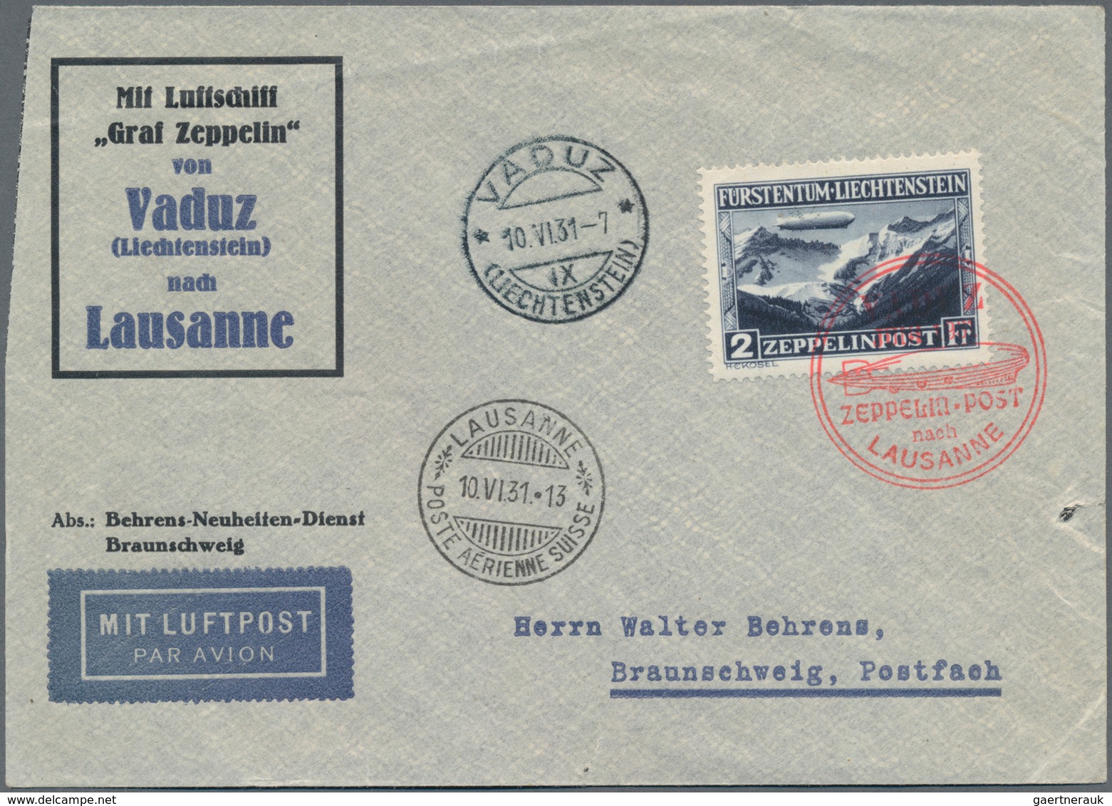 Zeppelinpost Europa: 1931. Liechtenstein Letter Flown On The Graf Zeppelin LZ127 Airship's Vaduz Fah - Andere-Europa