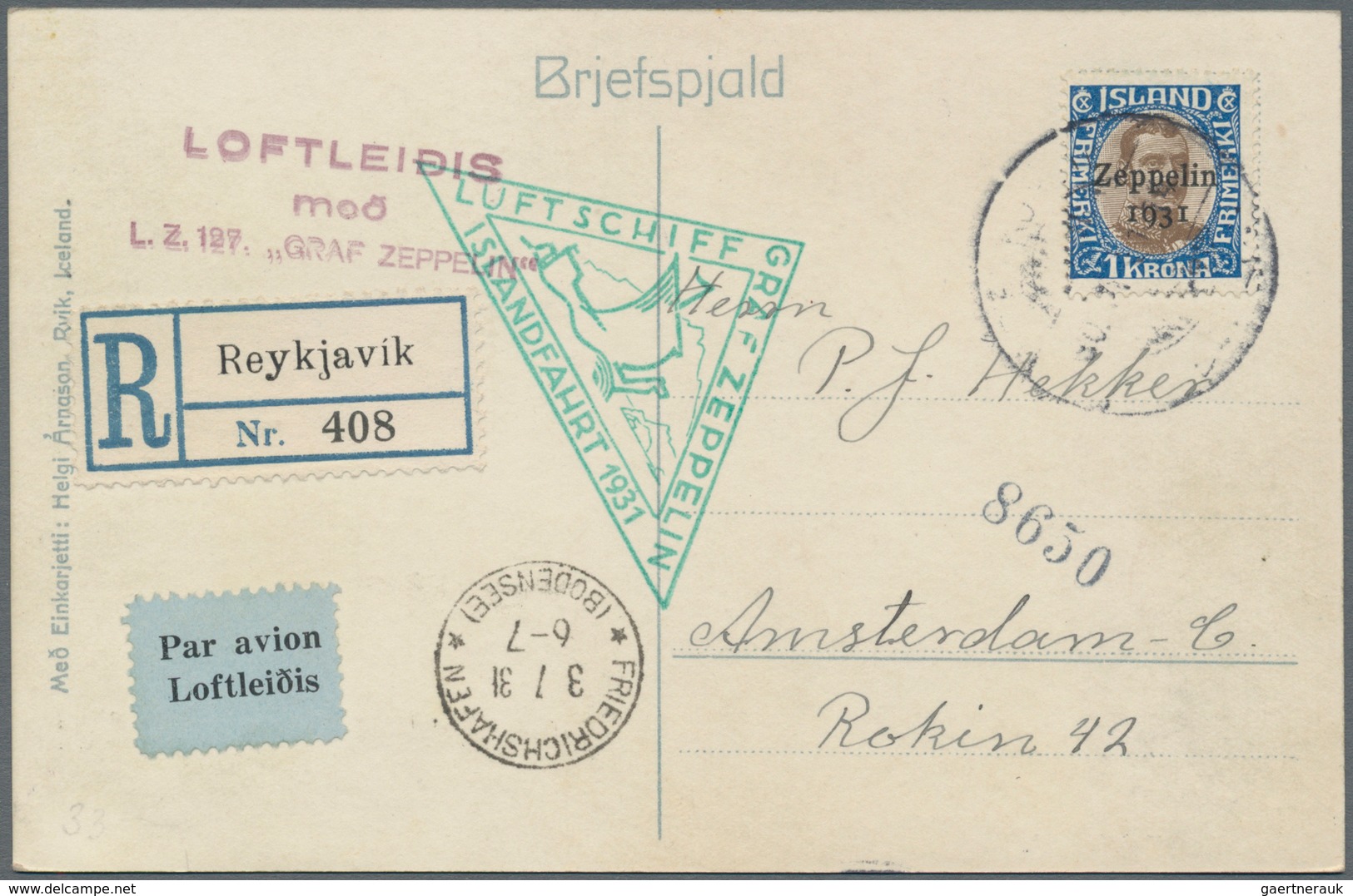 Zeppelinpost Europa: 1931, Iceland Return Flight, 2 Kr Brown/green And 30 A Red/green (MiNr.147 + 14 - Europe (Other)