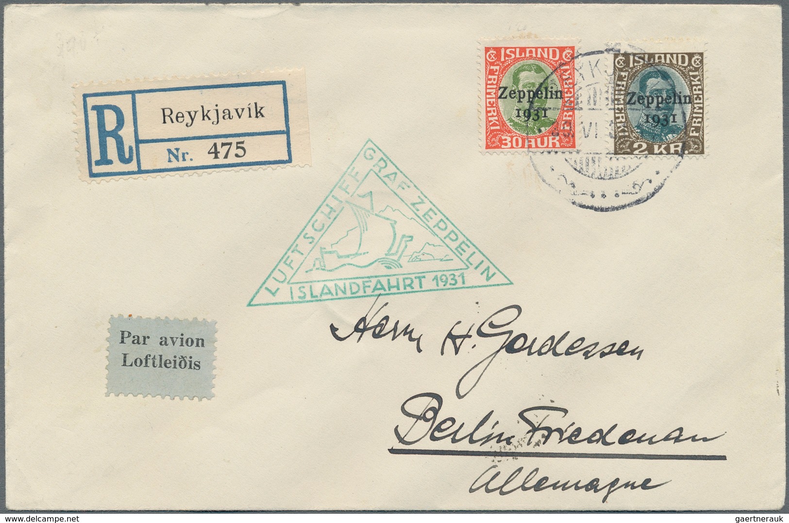 Zeppelinpost Europa: 1931, Trip To Iceland, Registered Cover Bearing 30a. And 2kr. From "REYKJAVIK 3 - Europe (Other)
