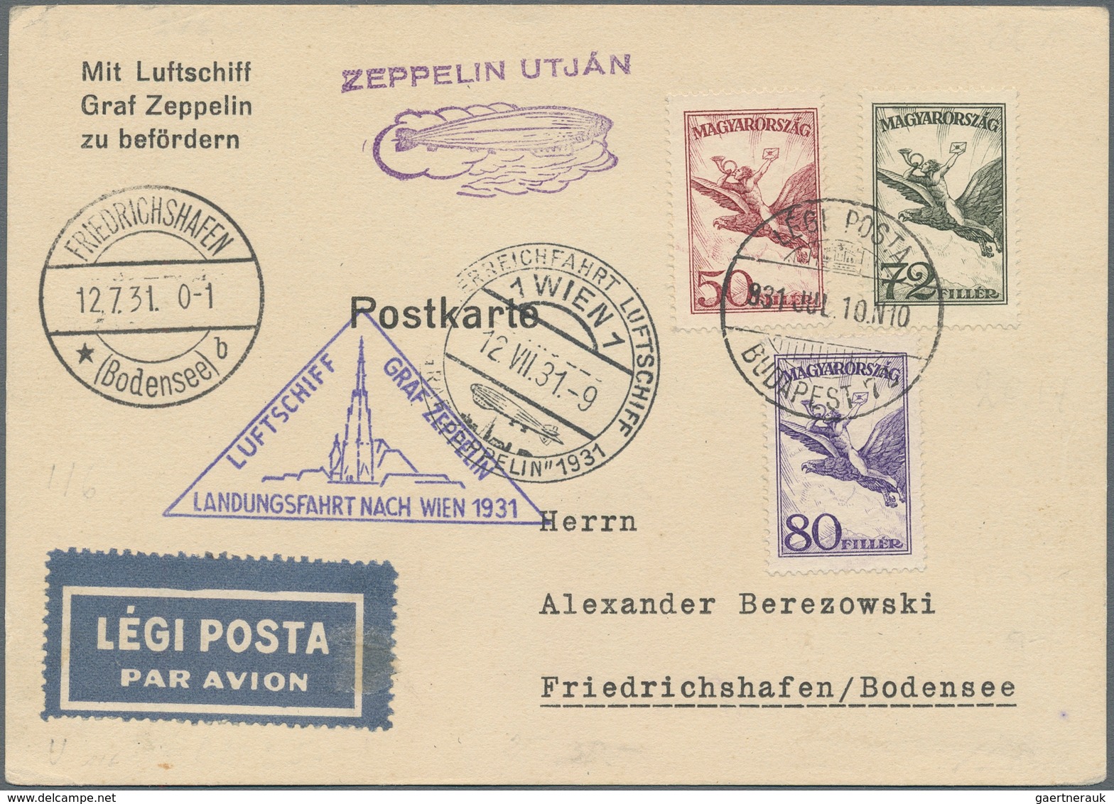 Zeppelinpost Europa: 1931, Trip To Austria, Hungarian Mail, Card Bearing Attractive Airmail Franking - Andere-Europa