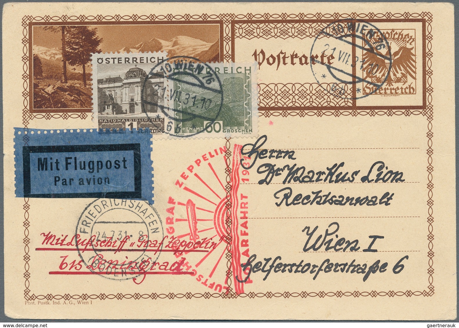 Zeppelinpost Europa: 1931, Polarfahrt, Österreichische Post, Auffrankierte Ganzsachenkarte Ab "WIEN - Europe (Other)