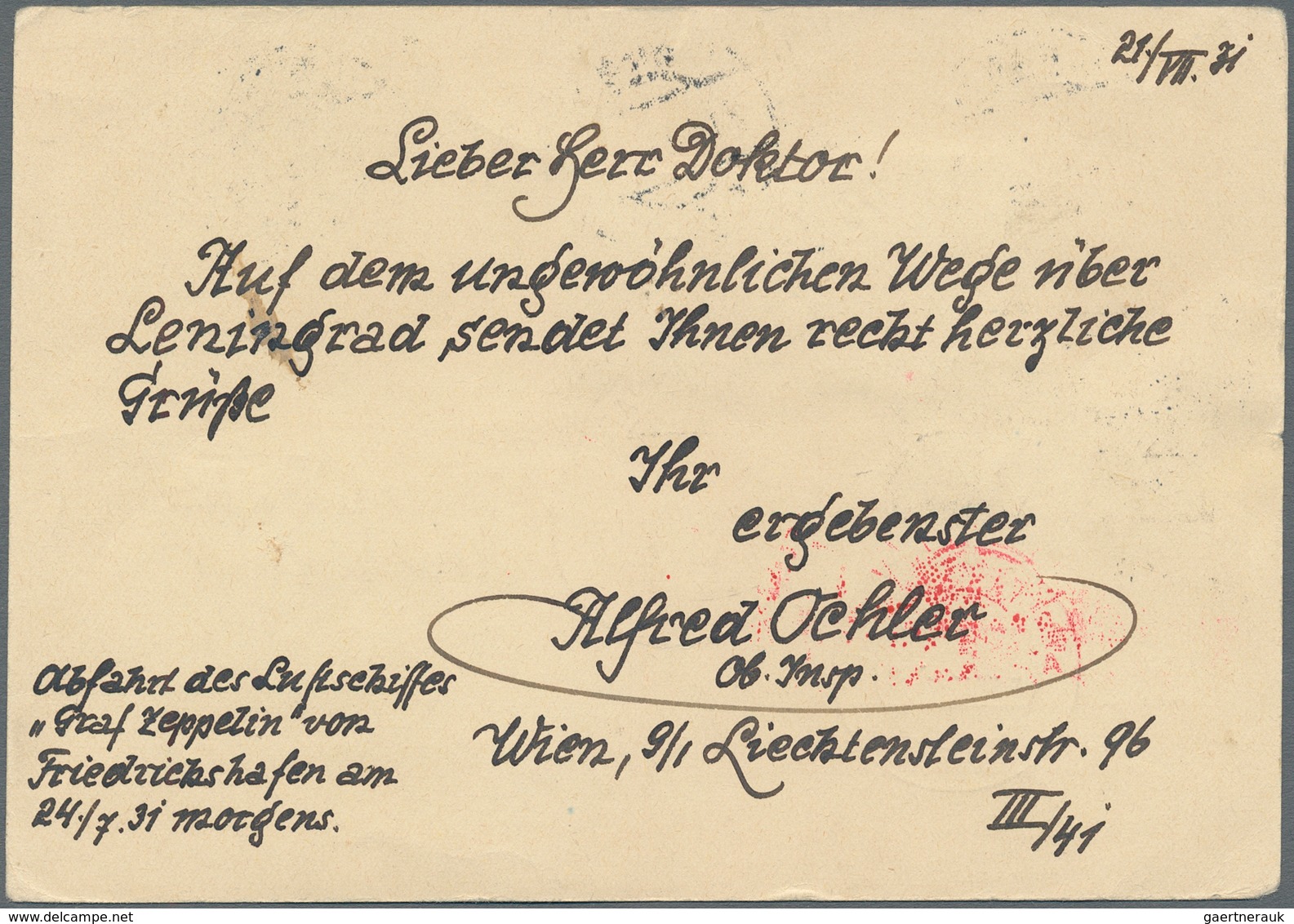 Zeppelinpost Europa: 1931, Polarfahrt, Österreichische Post, Auffrankierte Ganzsachenkarte Ab "WIEN - Otros - Europa