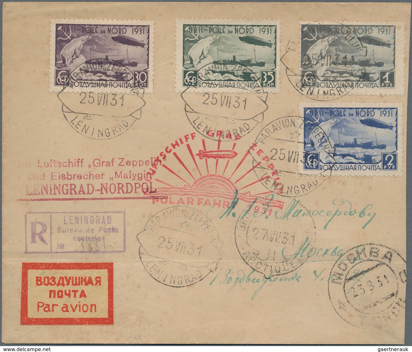 Zeppelinpost Europa: 1931, Polar Flight, Soviet Mail, Registered Cover Bearing Complete Set Of Perfo - Europe (Other)