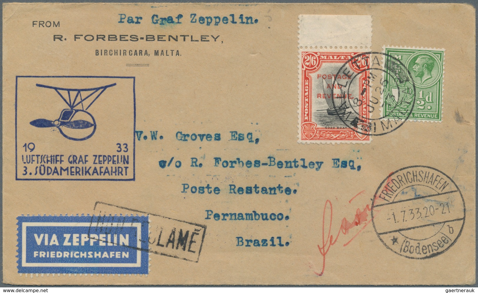 Zeppelinpost Europa: 1933. Scarce Malta Treaty Cover Flown On The Graf Zeppelin's 1933 3. Südamerika - Autres - Europe