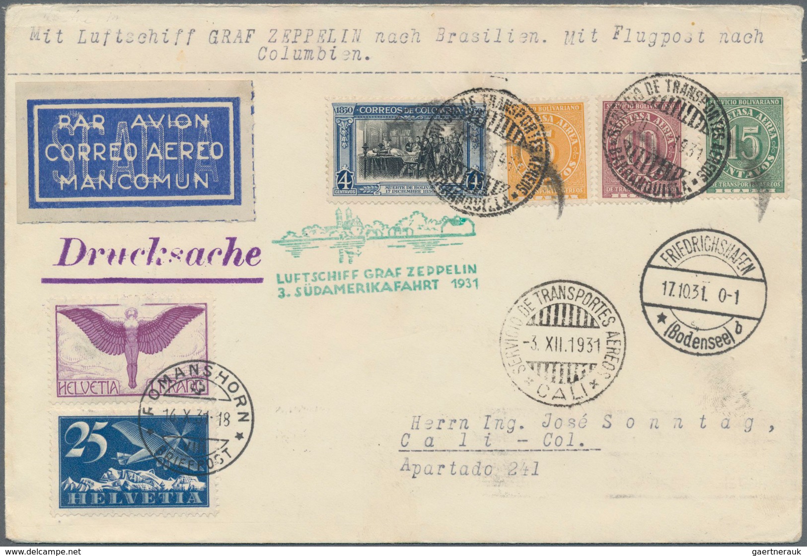 Zeppelinpost Europa: 1931, 3.Südamerikafahrt, Brief Romanshorn 14.10. Mit Flugpost-MiF Nach Cali, Tr - Andere-Europa