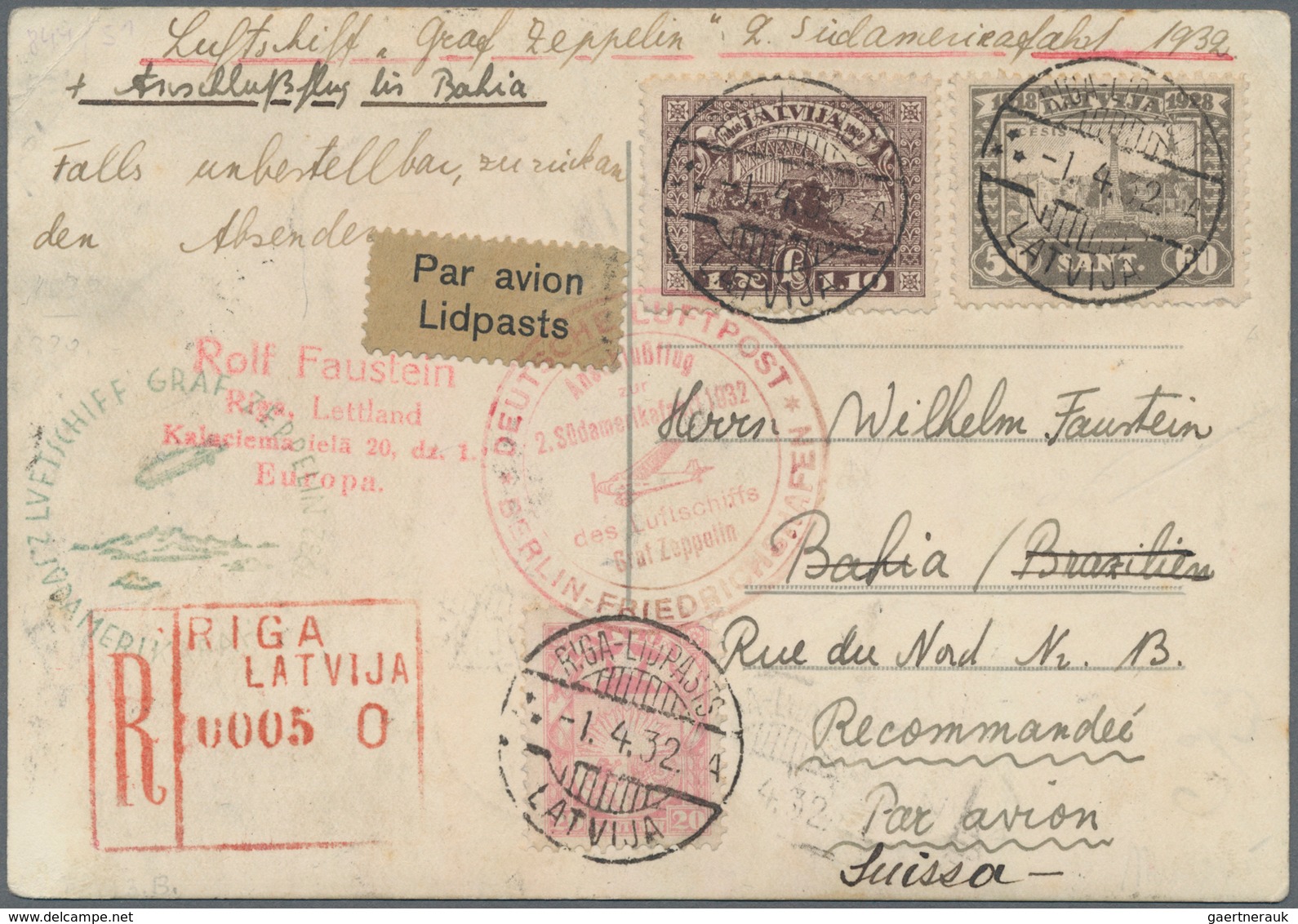 Zeppelinpost Europa: 1932, 2nd South America Trip, Latvian Post, Registered Ppc From "RIGA 1.4.32" W - Andere-Europa