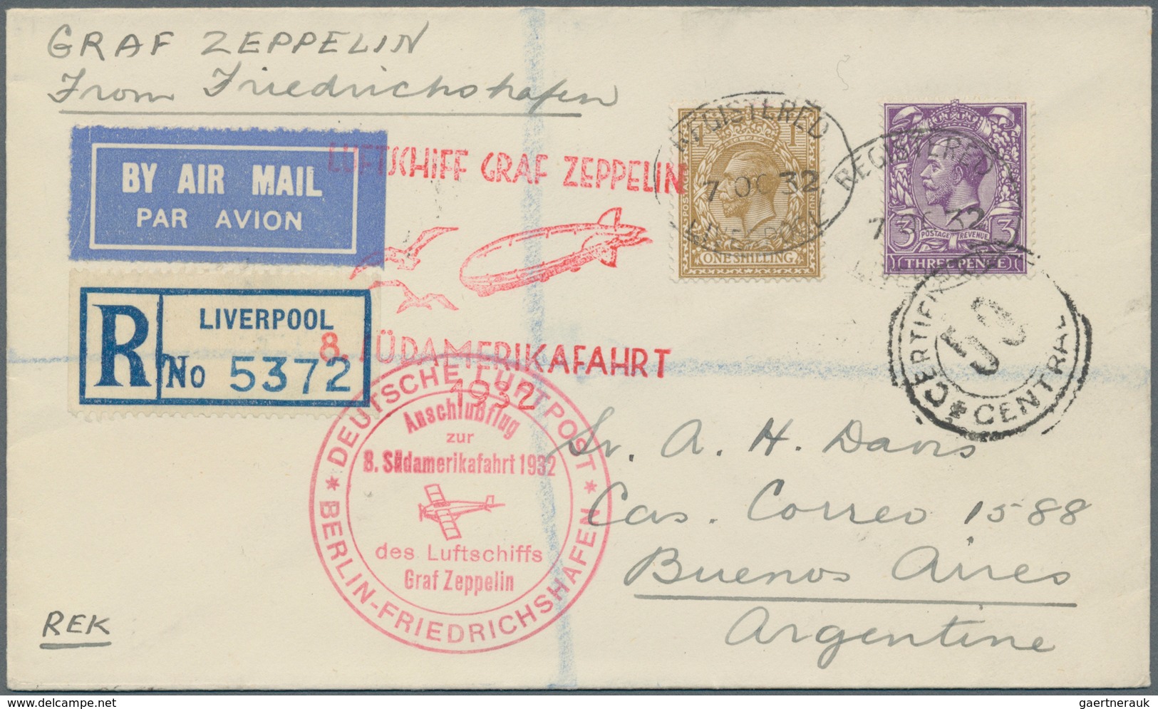 Zeppelinpost Europa: 1932. British Liverpool Registered Cover Flown On The Graf Zeppelin's 4. Südame - Andere-Europa