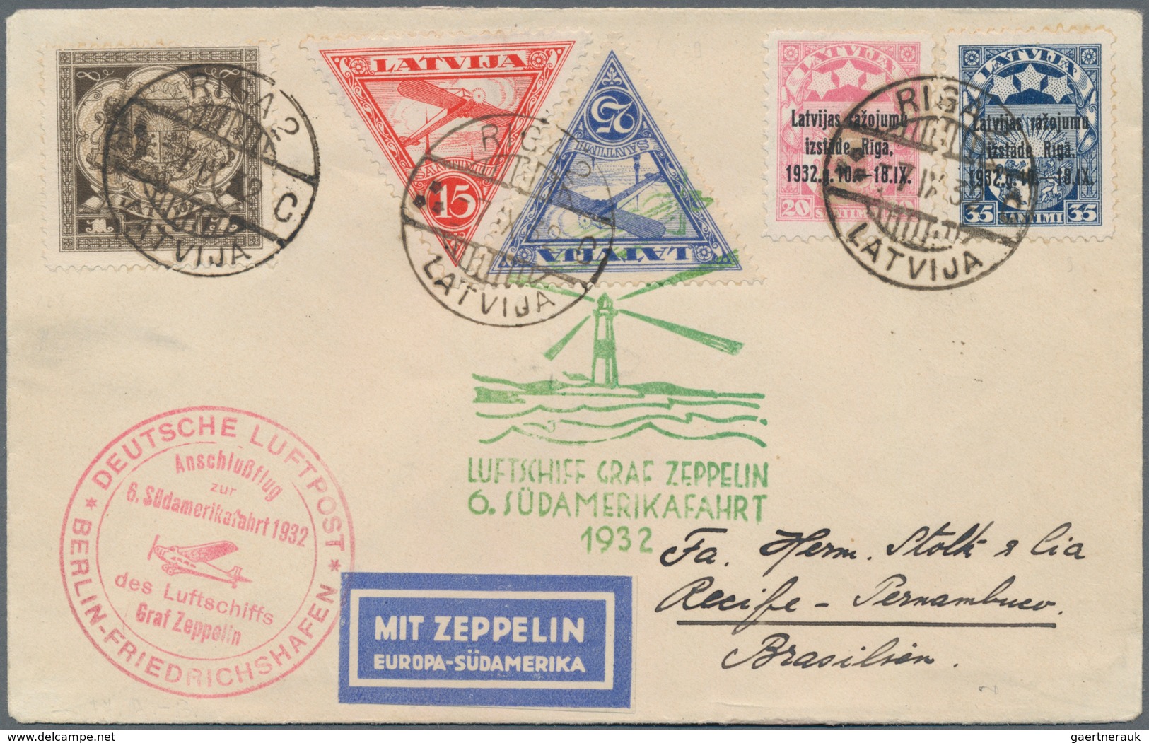 Zeppelinpost Europa: 1932, 6th South America Trip, Latvian Post, Cover From "RIGA 7.IX.32" To Recife - Andere-Europa