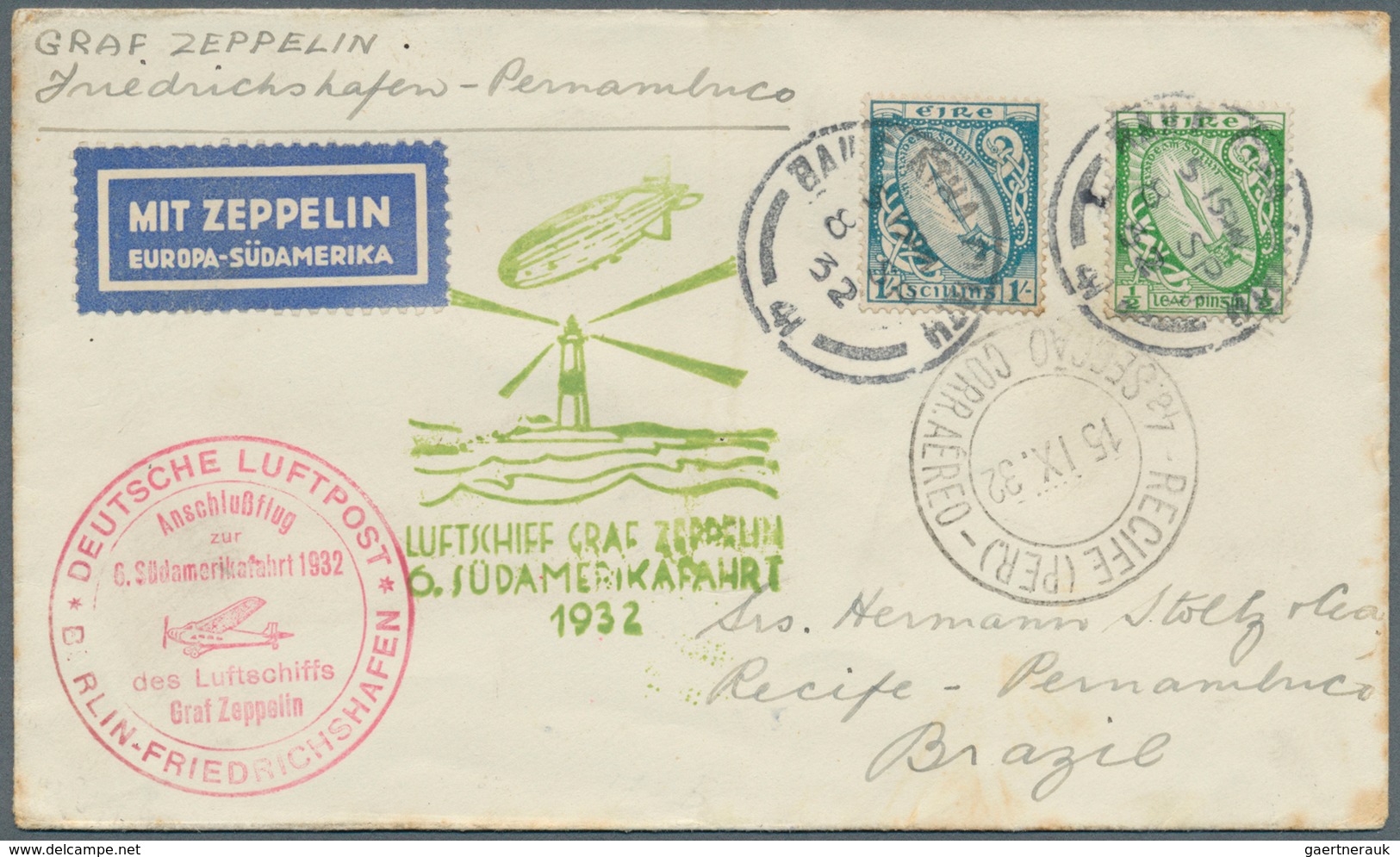 Zeppelinpost Europa: 1932, 6th South America Trip, Irish Post, Cover 8.9.32 To Pernambuco (slightly - Andere-Europa