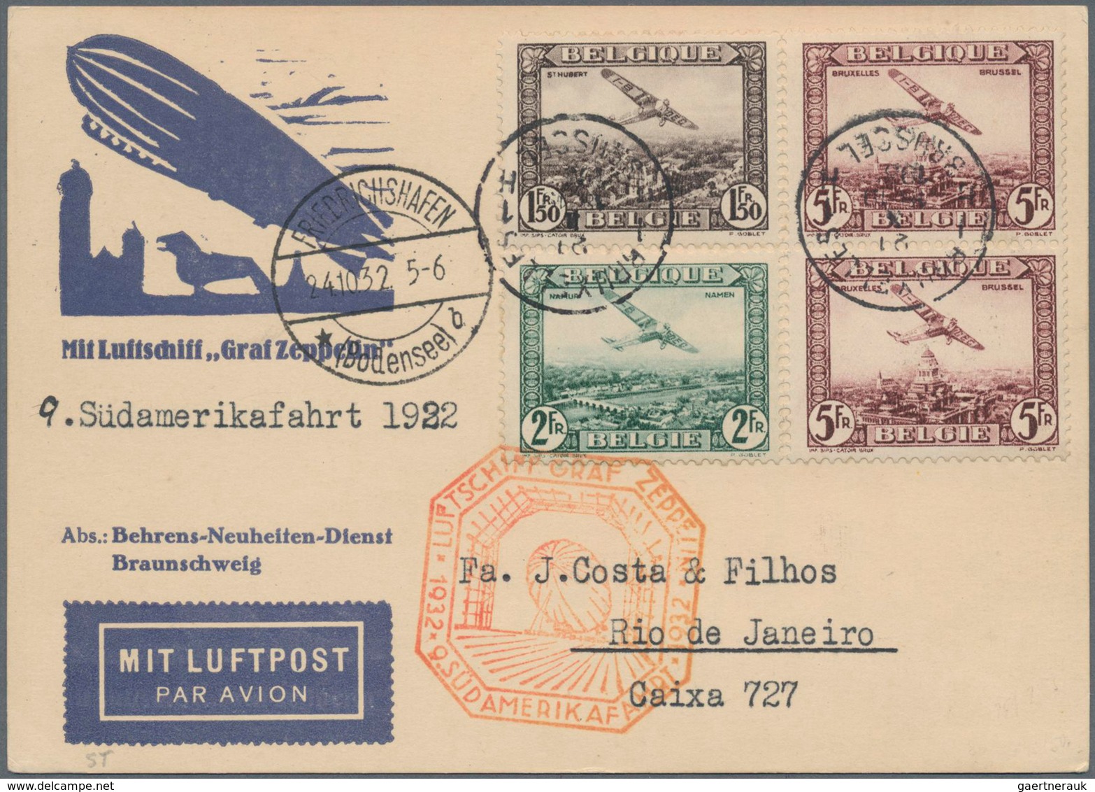 Zeppelinpost Europa: 1932, Belgien, 9. Südamerikafahrt, Private Sonderkarte Mit Flugmarken Nach Rio. - Andere-Europa