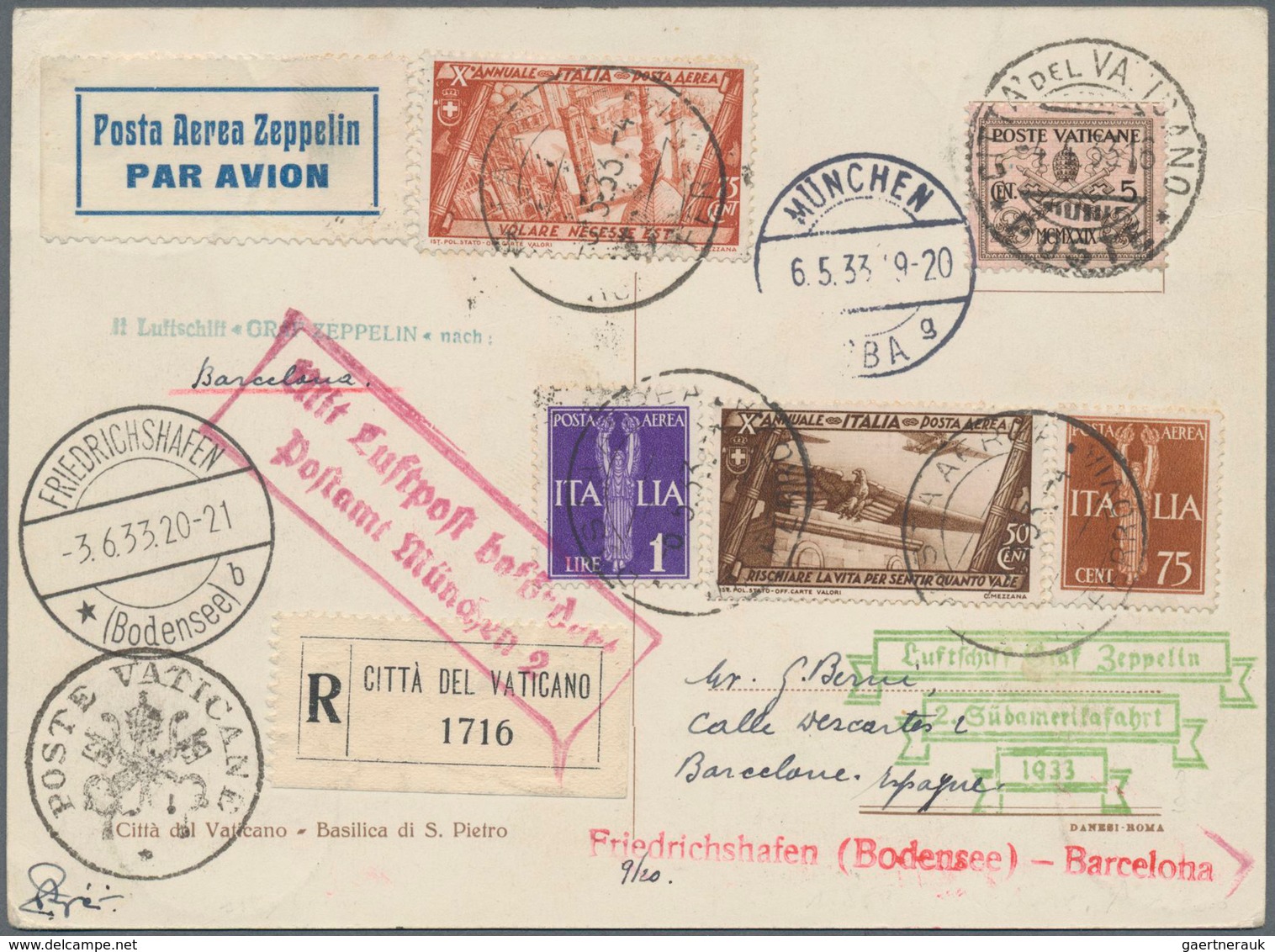 Zeppelinpost Europa: 1933, 2. Südamerikafahrt, Abwurf Barcelona, Karte Ab Vatikan 4.4. Mit 3,10 L. I - Europe (Other)