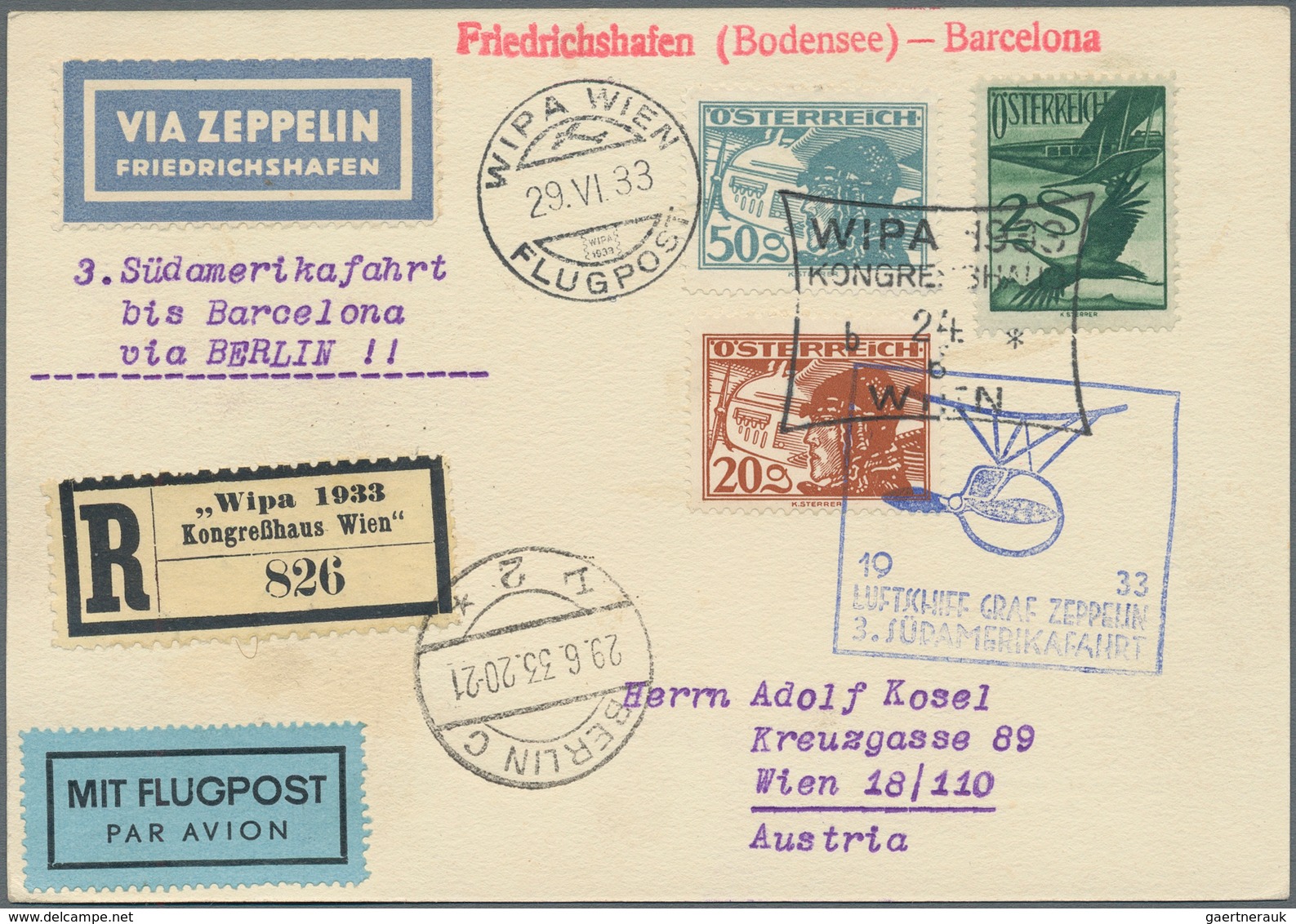 Zeppelinpost Europa: 1933, 3.Südamerikafahrt, Österreichische Post, R-Karte Mit Flugpost-Frankatur A - Andere-Europa