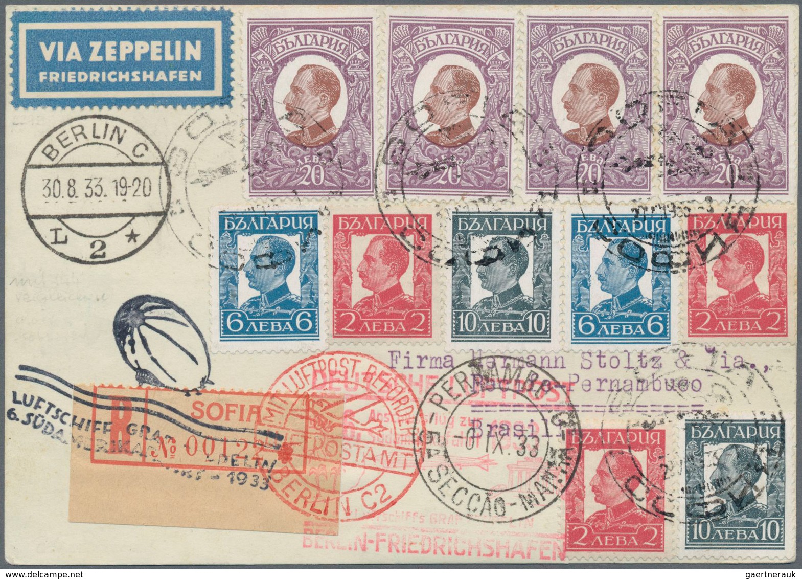 Zeppelinpost Europa: 1933, 6. Südamerikafahrt, R-Karte Ab Sofia 29.8. Nach Recife Mit Beidseitig Bun - Andere-Europa