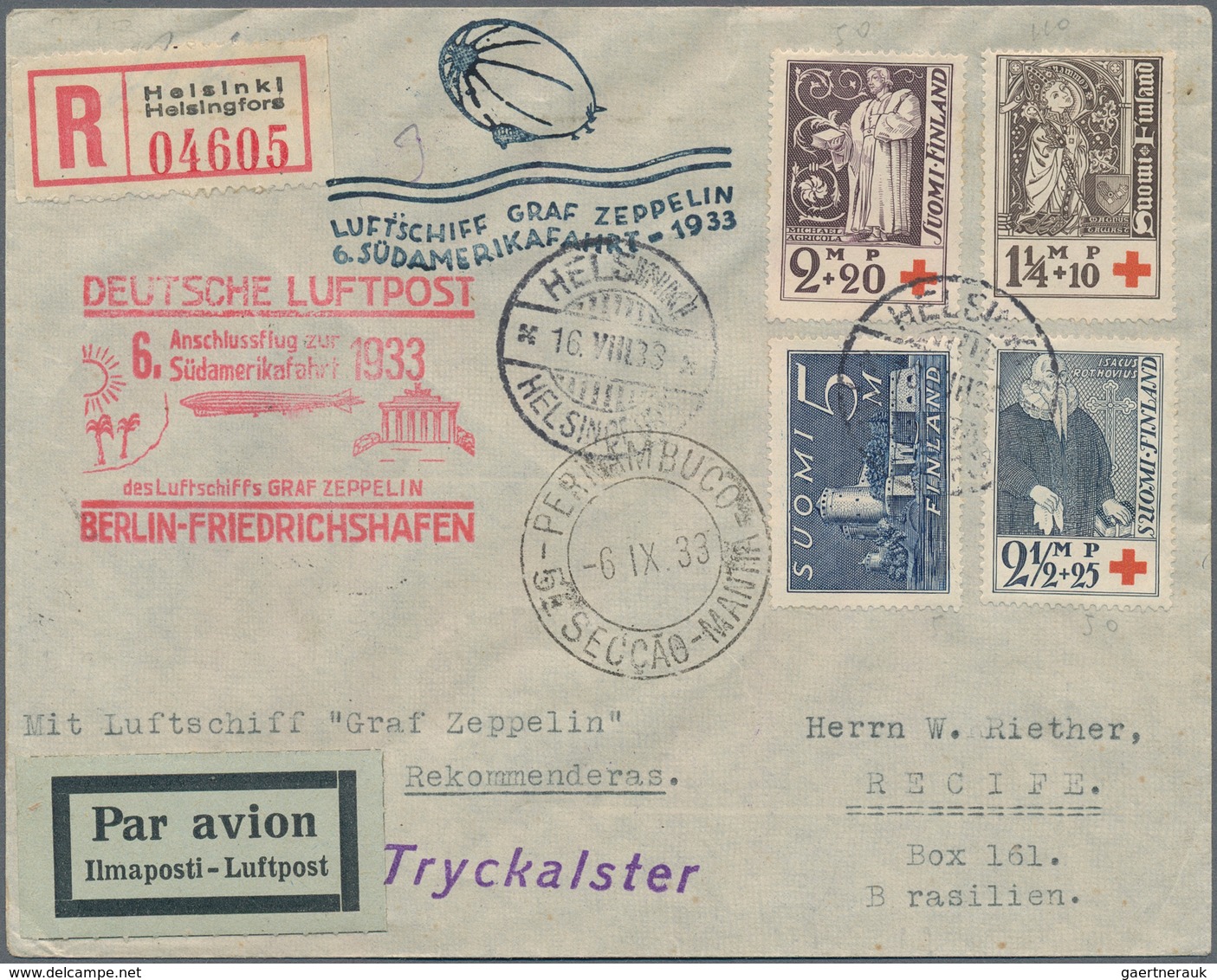 Zeppelinpost Europa: 1933, FINNLAND/6. SAF/Anschlußflug BERLIN: Drucksachen-Reco-Brief Unter Anderem - Andere-Europa