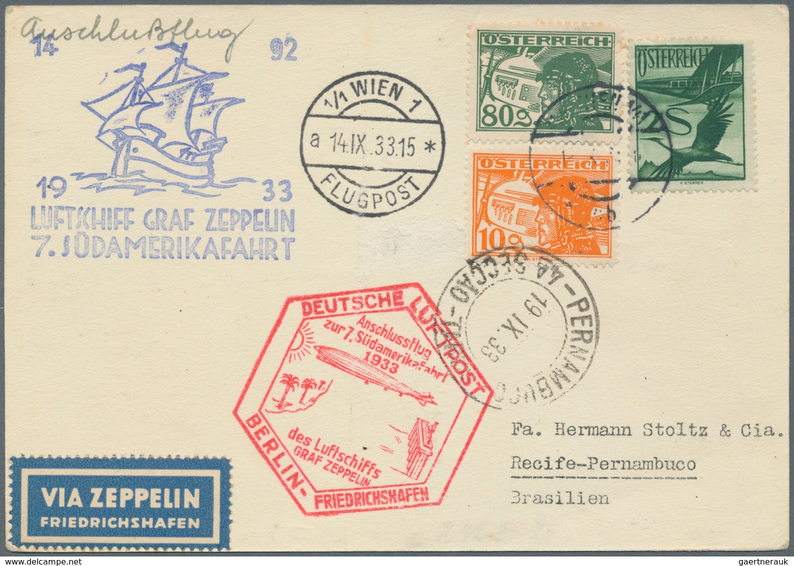 Zeppelinpost Europa: 1933 Austrian-franked Card Flown Aboard The Graf Zeppelin LZ127 Airship's 7th F - Andere-Europa