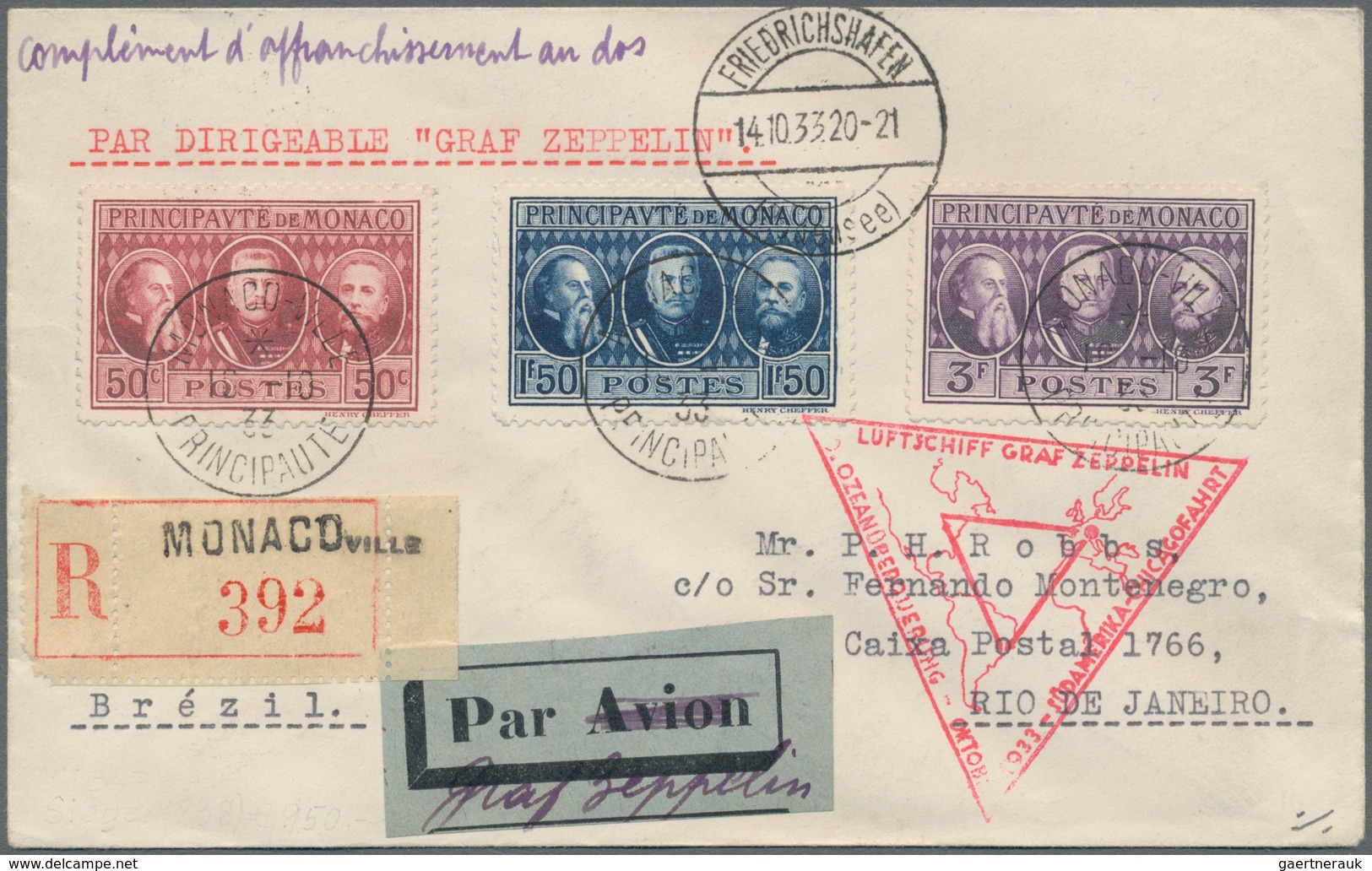 Zeppelinpost Europa: 1933. Monaco Cover Flown On The Graf Zeppelin LZ127 Airship's 1933 Chicagofahrt - Andere-Europa